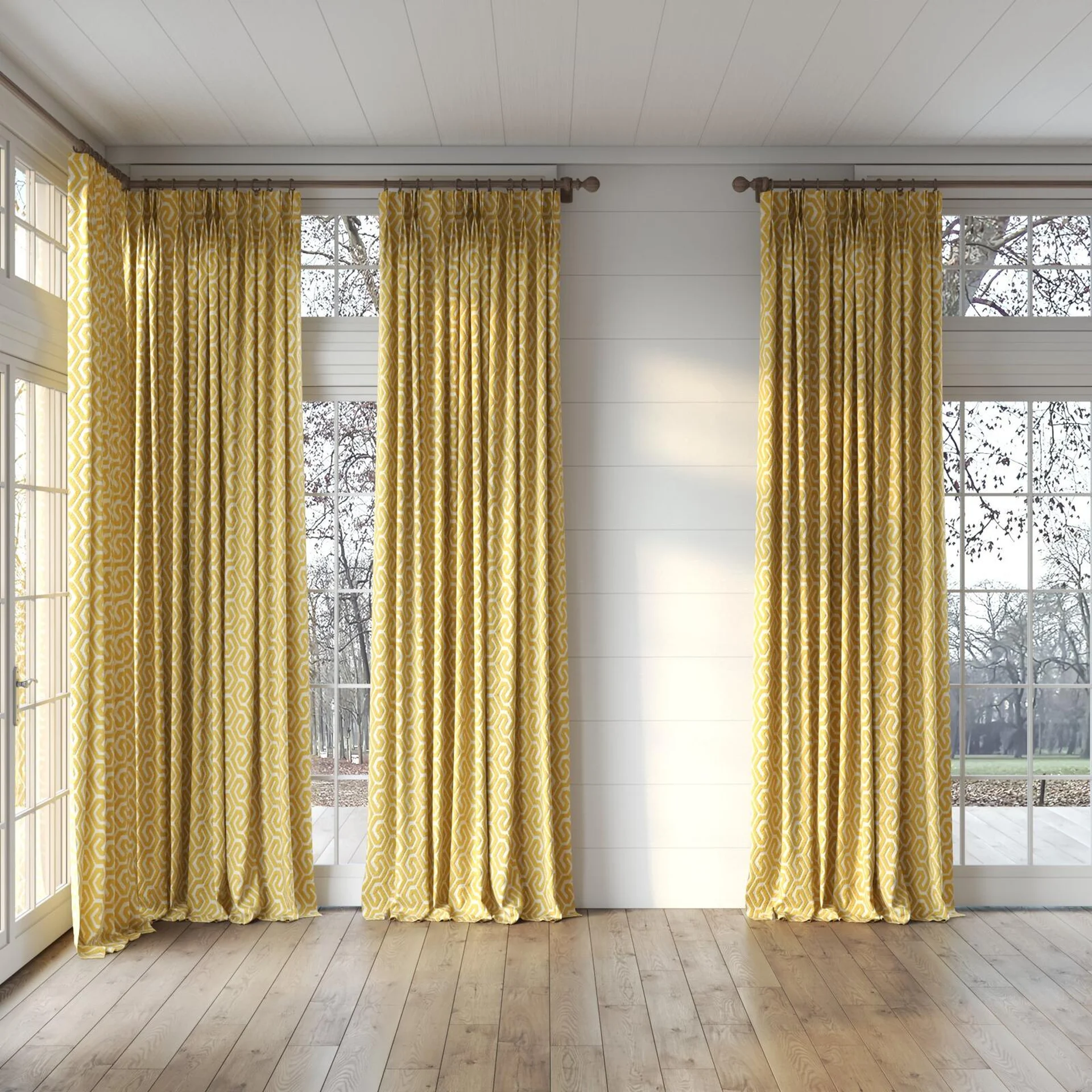 Full view of Comdeca Gold, puddled, on curtain rod