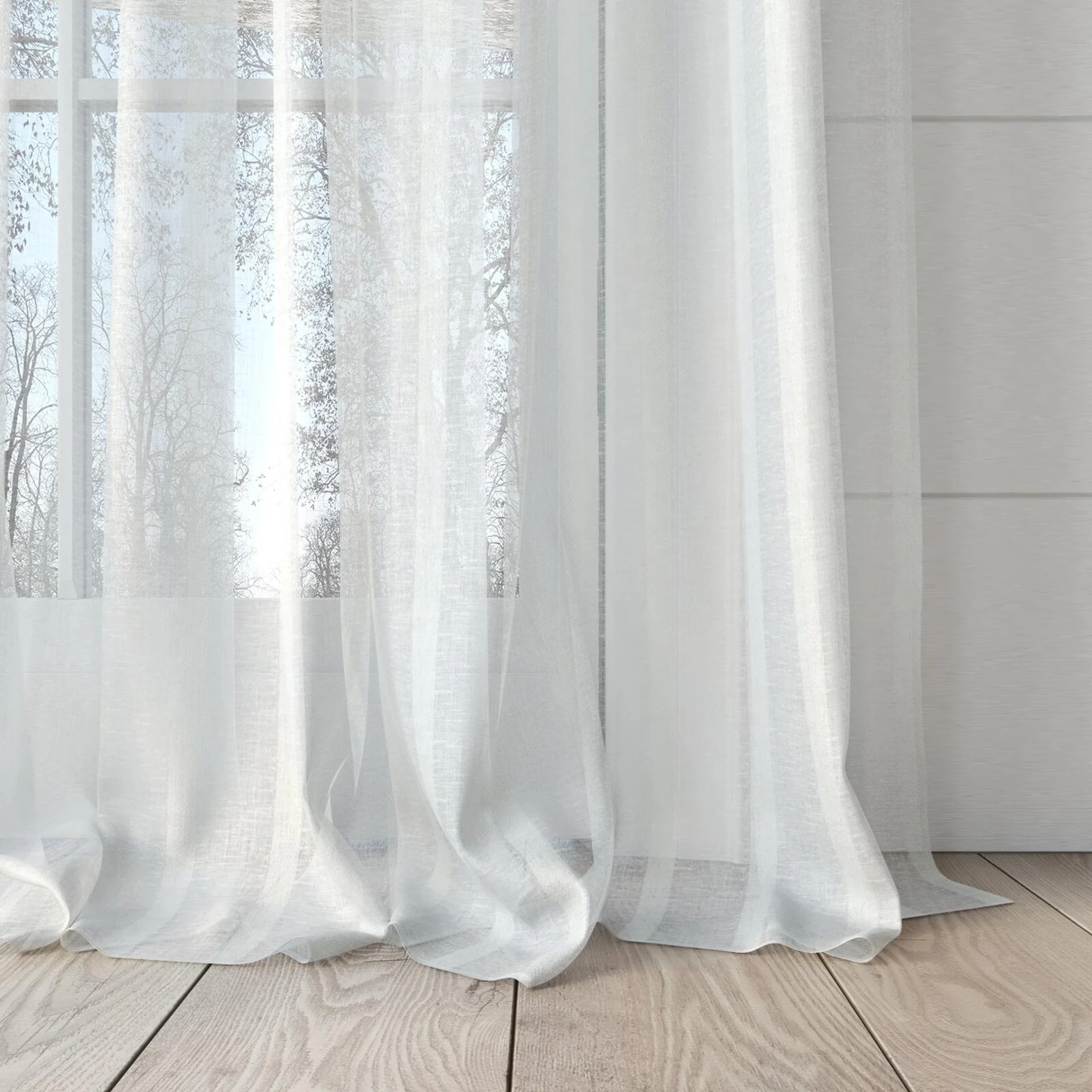 Bottom view of Camus Ivory, puddled, on curtain rod