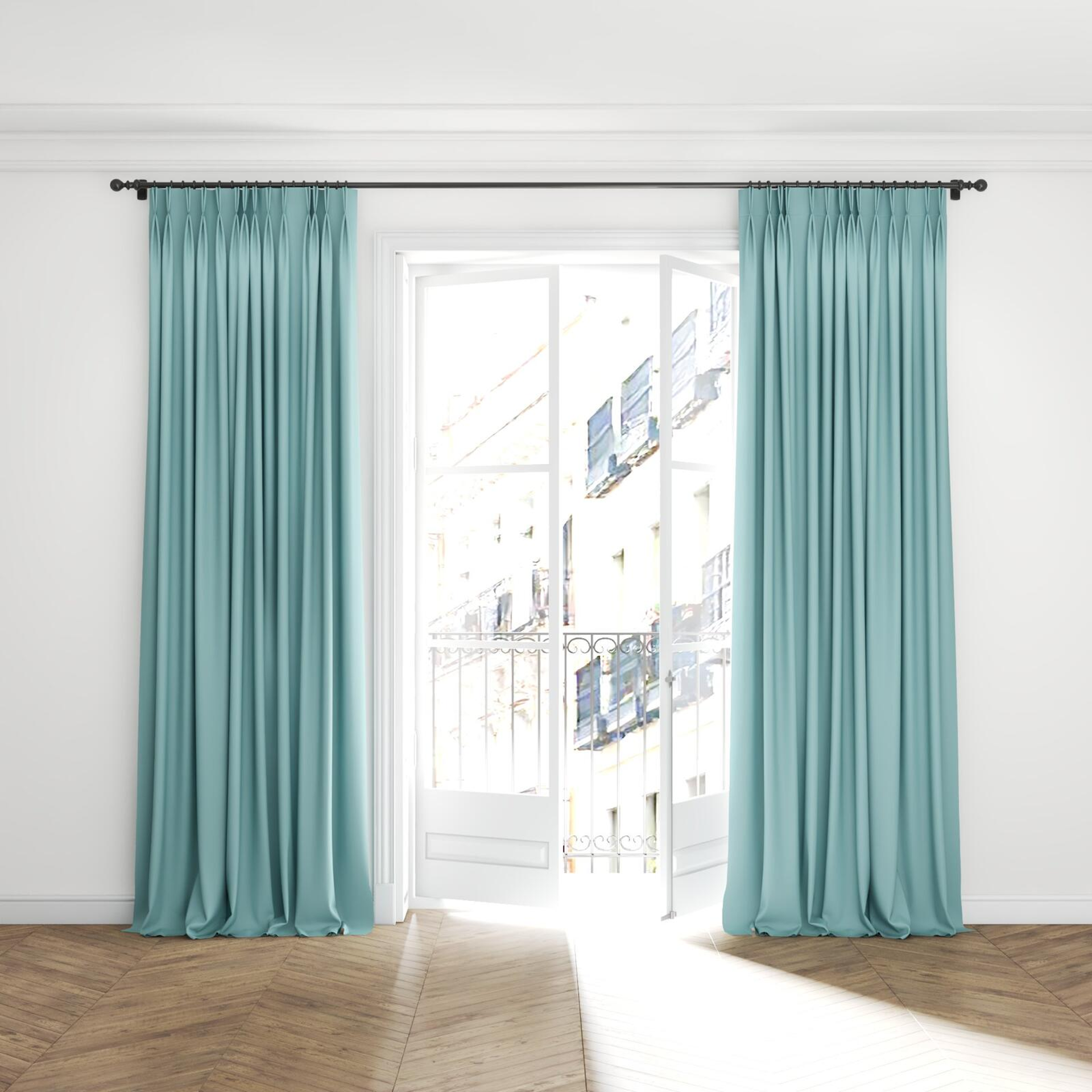 Full view of Vesta Waterfall, puddled with pinch pleat, on curtain rod