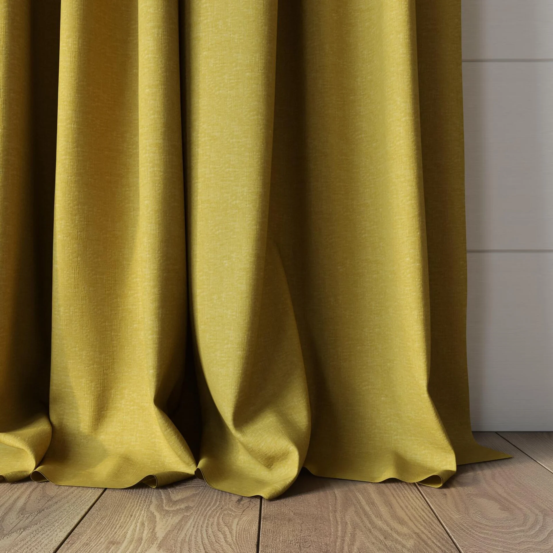 Bottom view of Coverlet Straw, puddled, on curtain rod