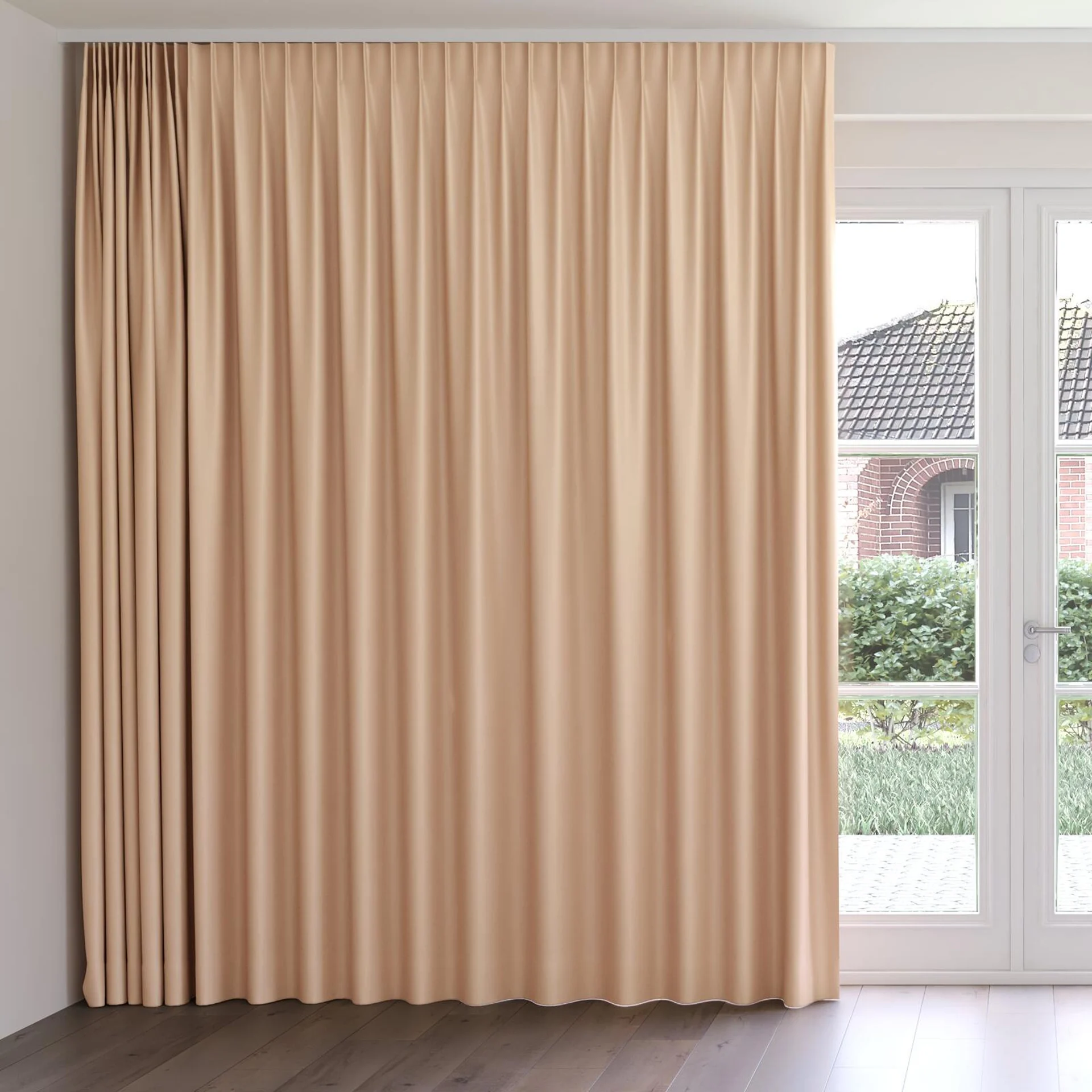 Front view of Stellar Blackout Mandarin, on curtain rail