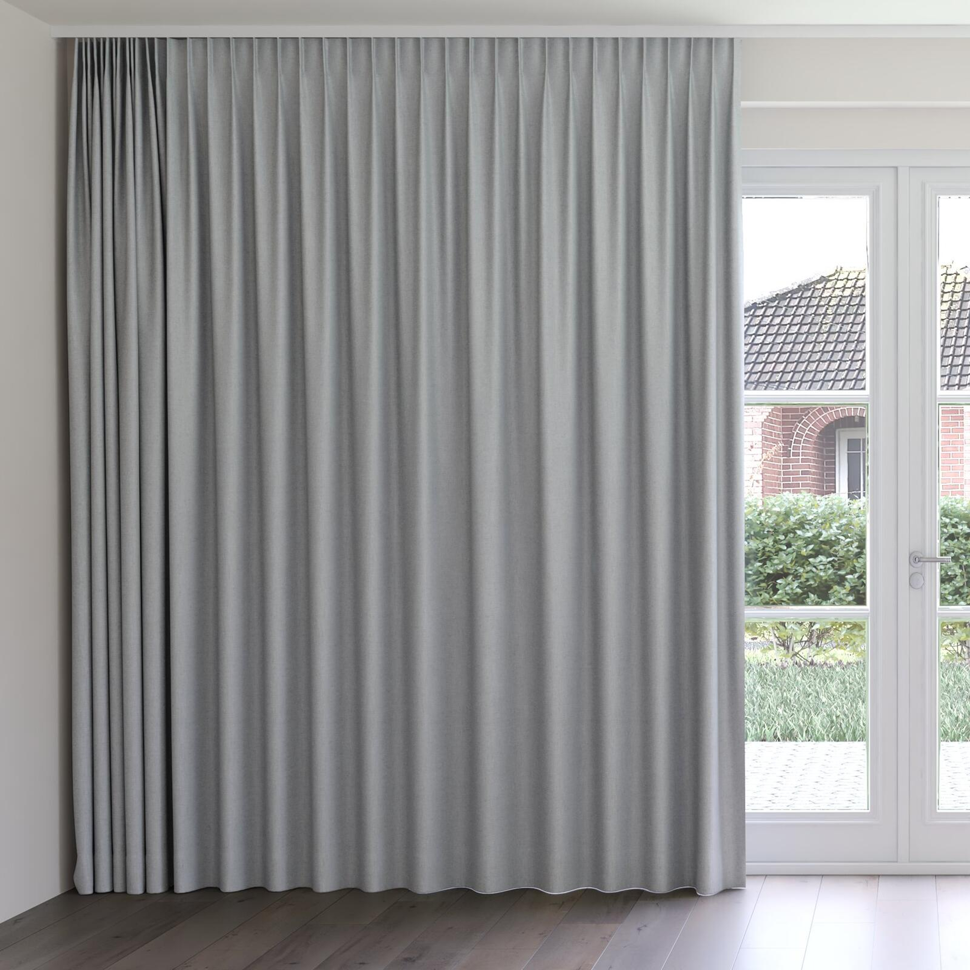 Front view of Stonewall Blackout Steel, on curtain rail