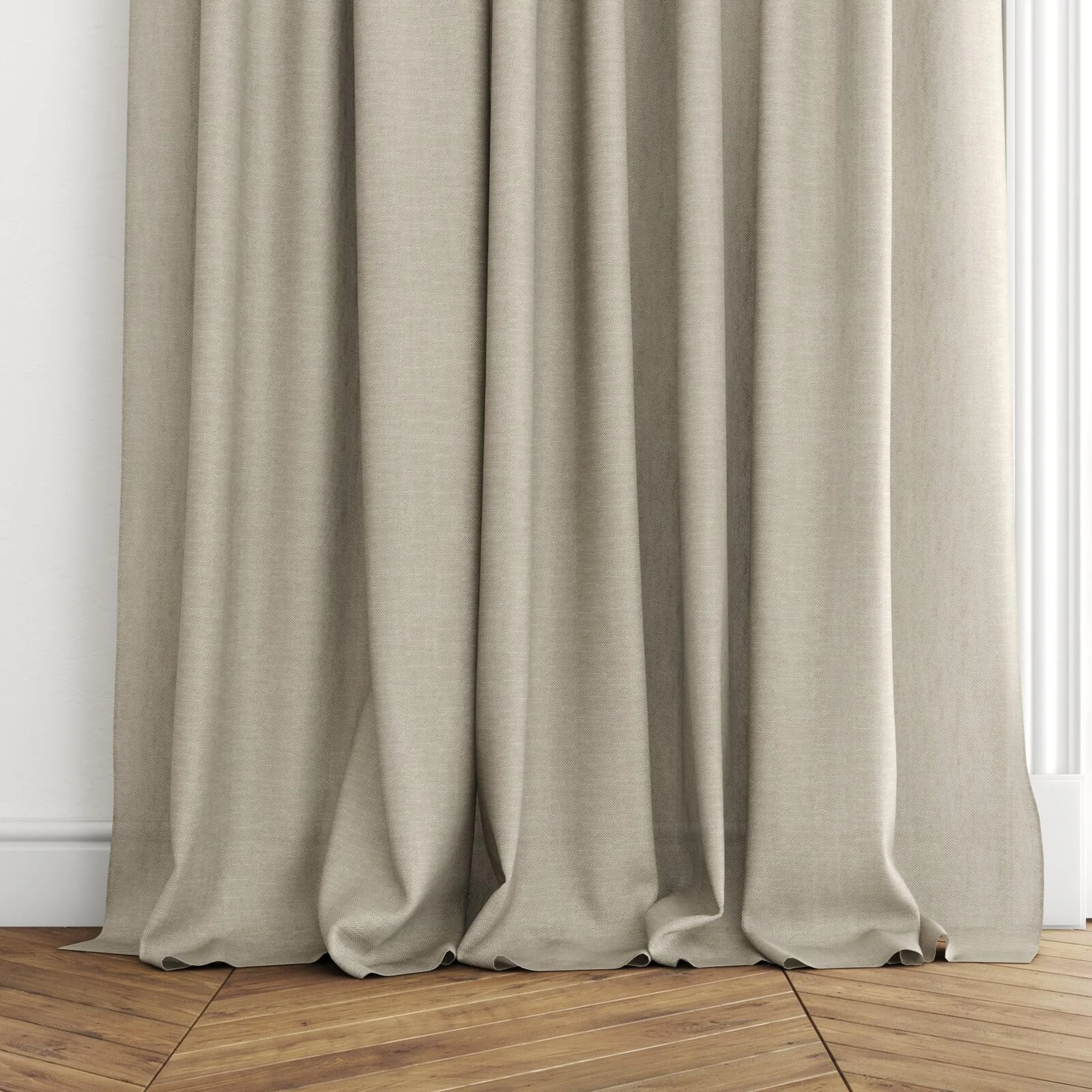 Bottom view of Lucidity Linen, puddled with pinch pleat, on curtain rod