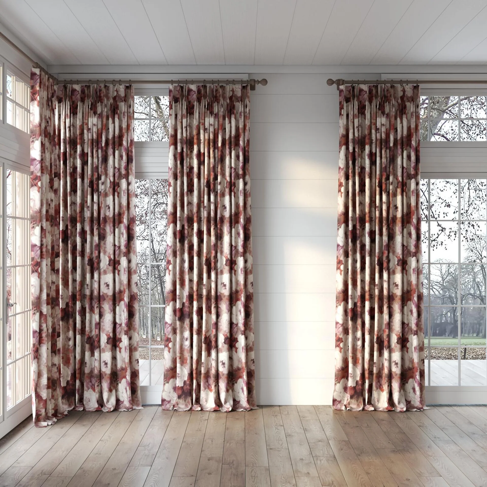 Full view of Victoria Garnet, puddled, on curtain rod
