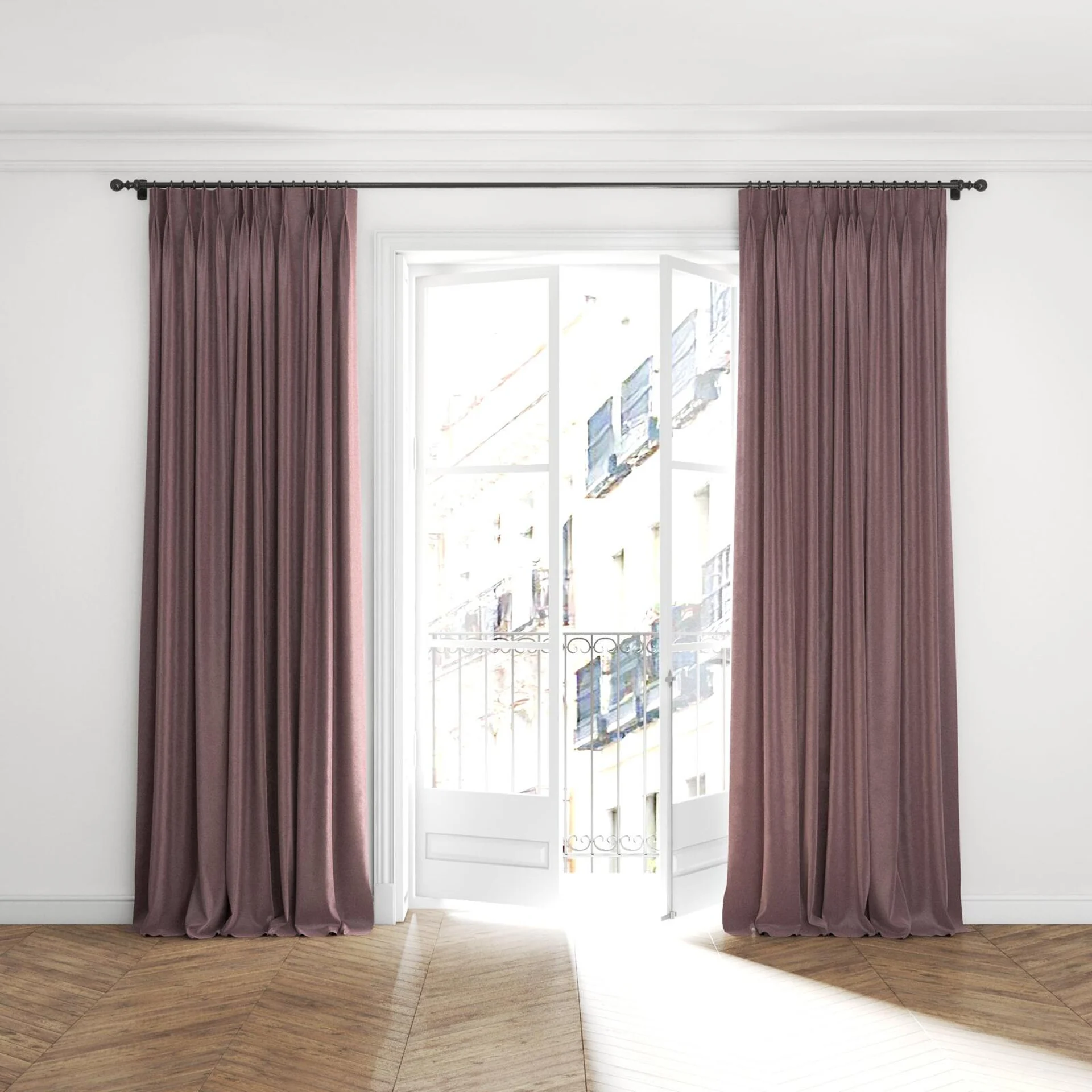 Full view of Velvelux Amethyst, puddled with pinch pleat, on curtain rod