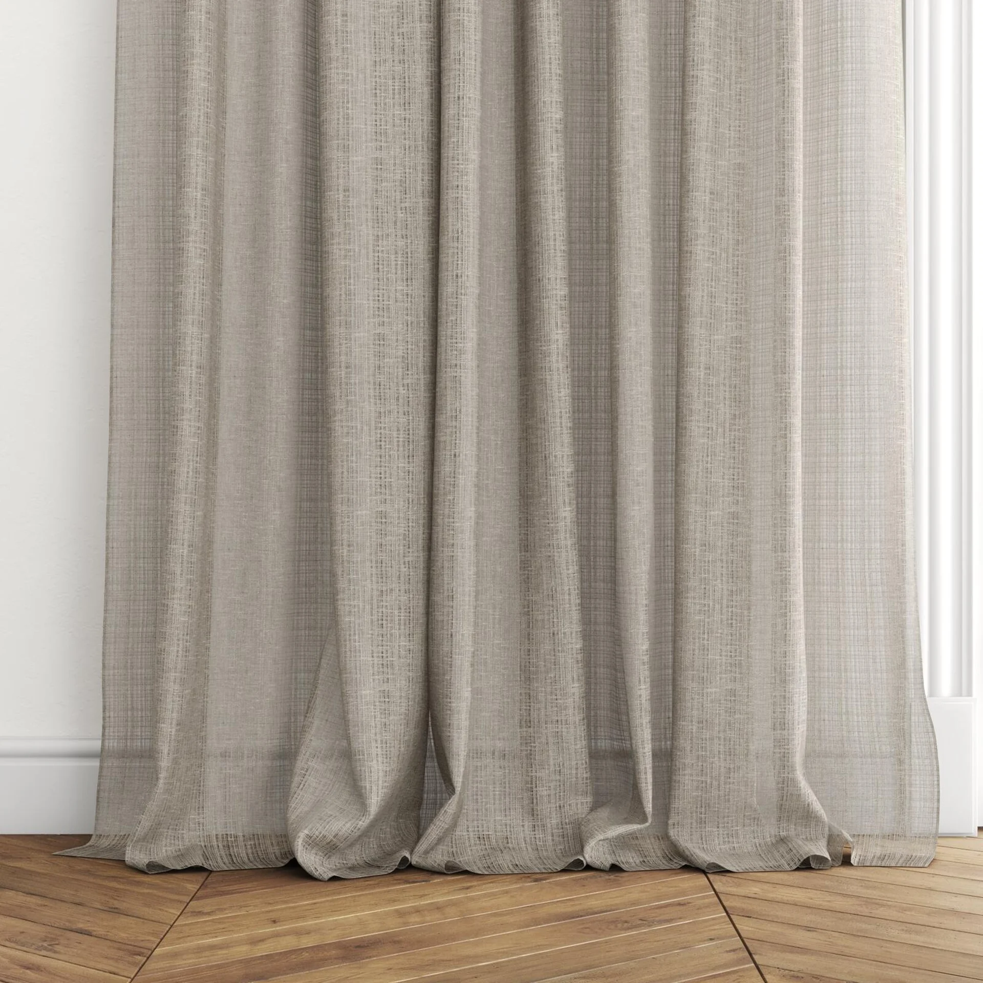 Bottom view of Scandinese Olive, puddled with pinch pleat, on curtain rod