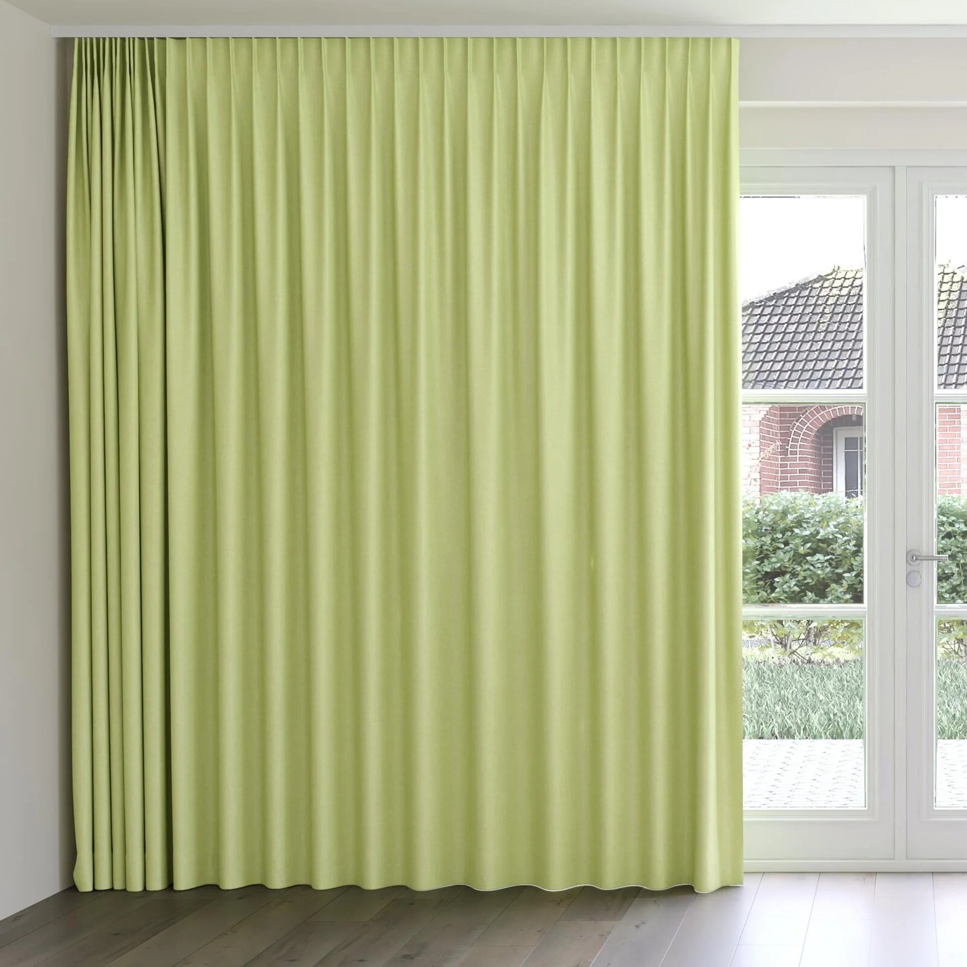 Front view of Cushy Lime, on curtain rail