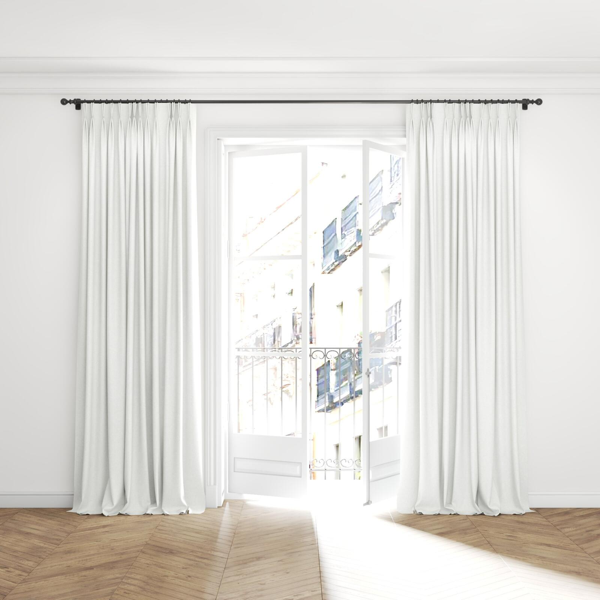 Full view of Hometown Cream, puddled with pinch pleat, on curtain rod