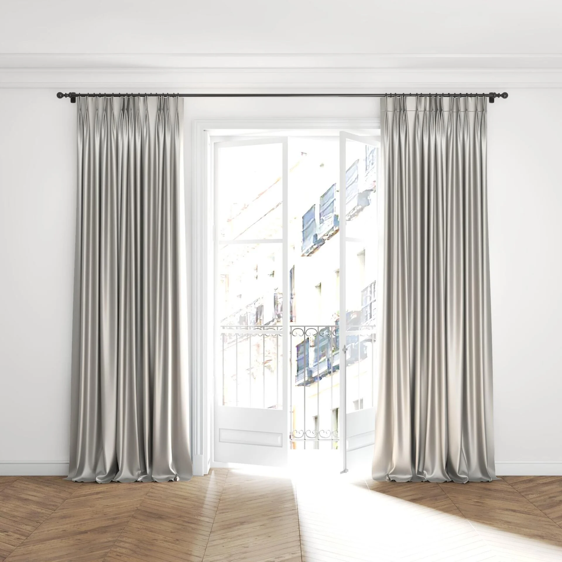 Full view of North Face Steel, puddled with pinch pleat, on curtain rod