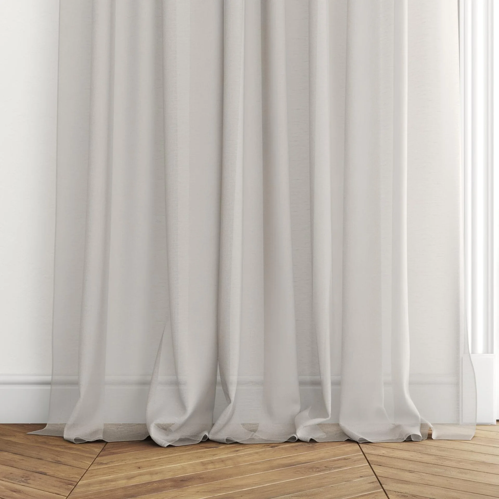 Bottom view of Locomotion Sand, puddled with pinch pleat, on curtain rod