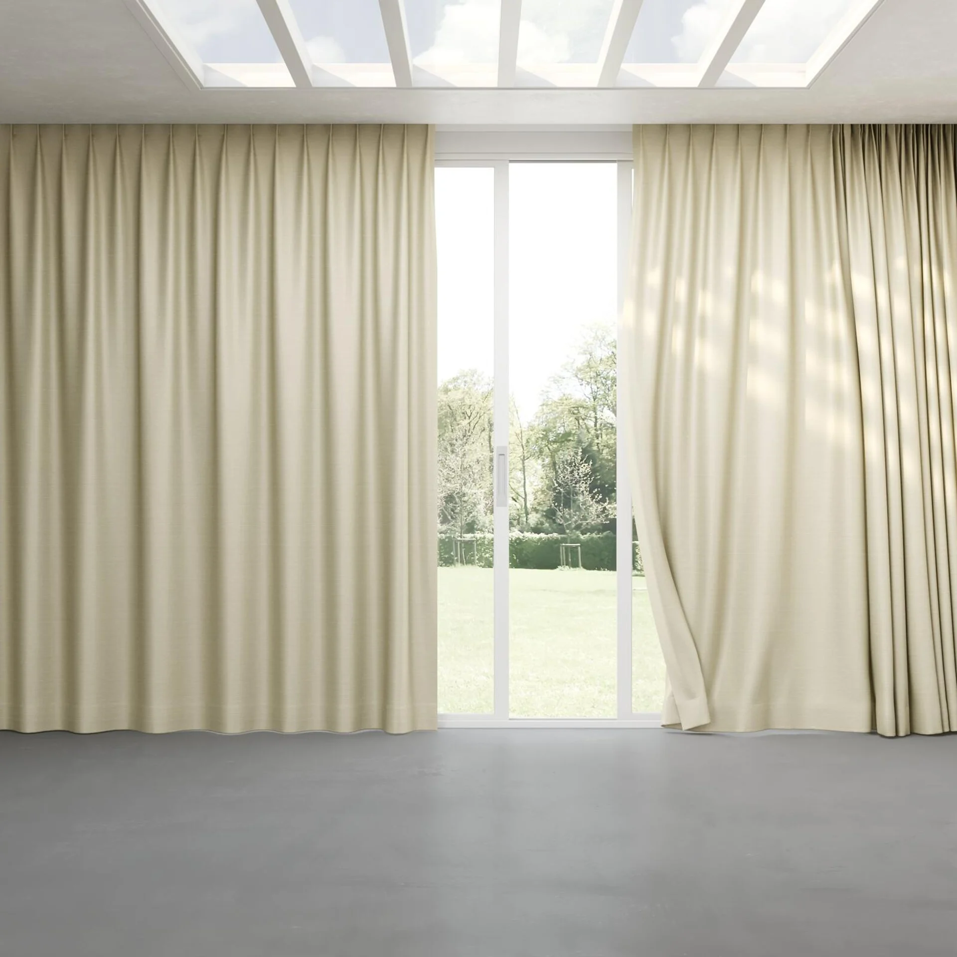 Full view of Silky Frost, pinch pleat