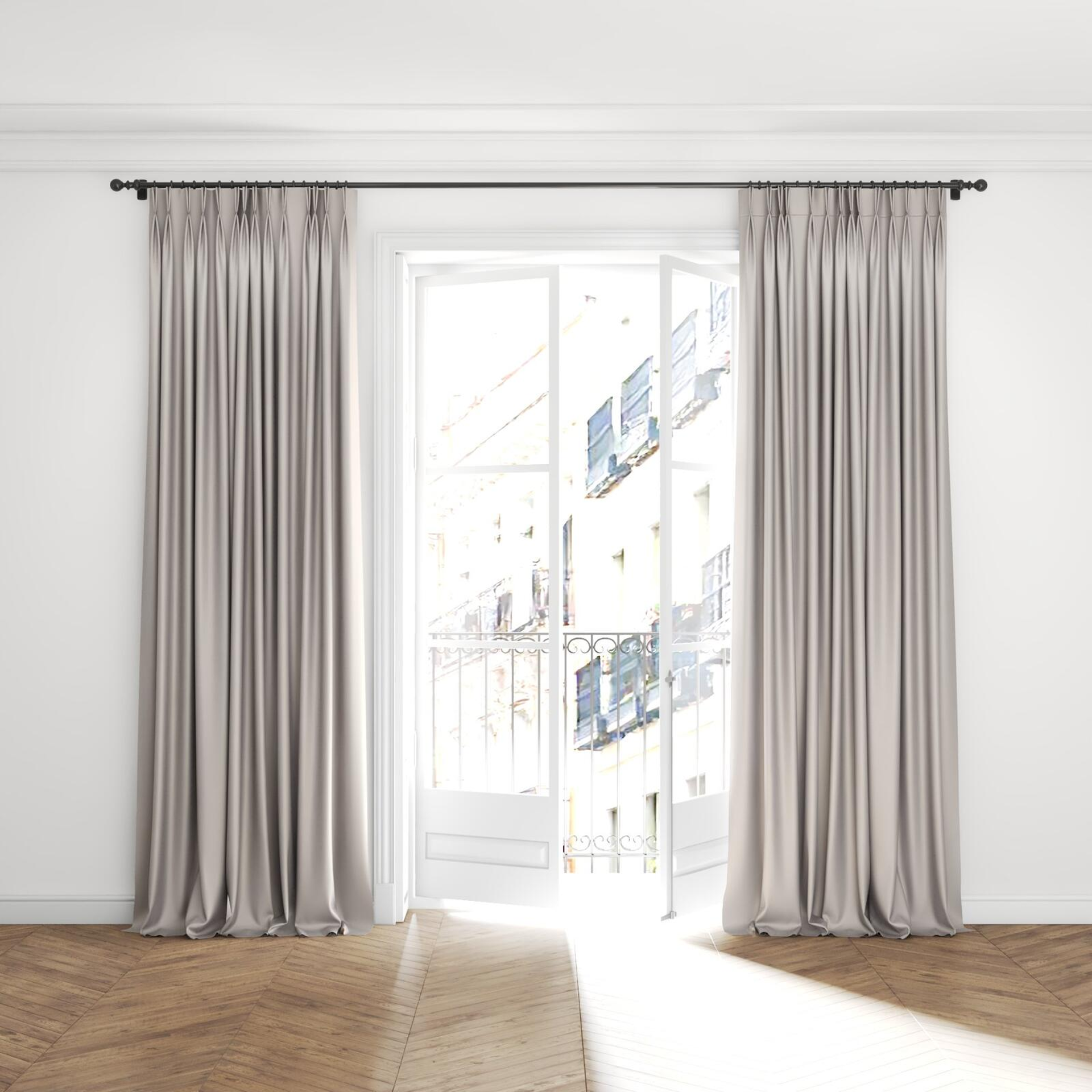 Full view of Stallion 2 Blackout Vapour, puddled with pinch pleat, on curtain rod