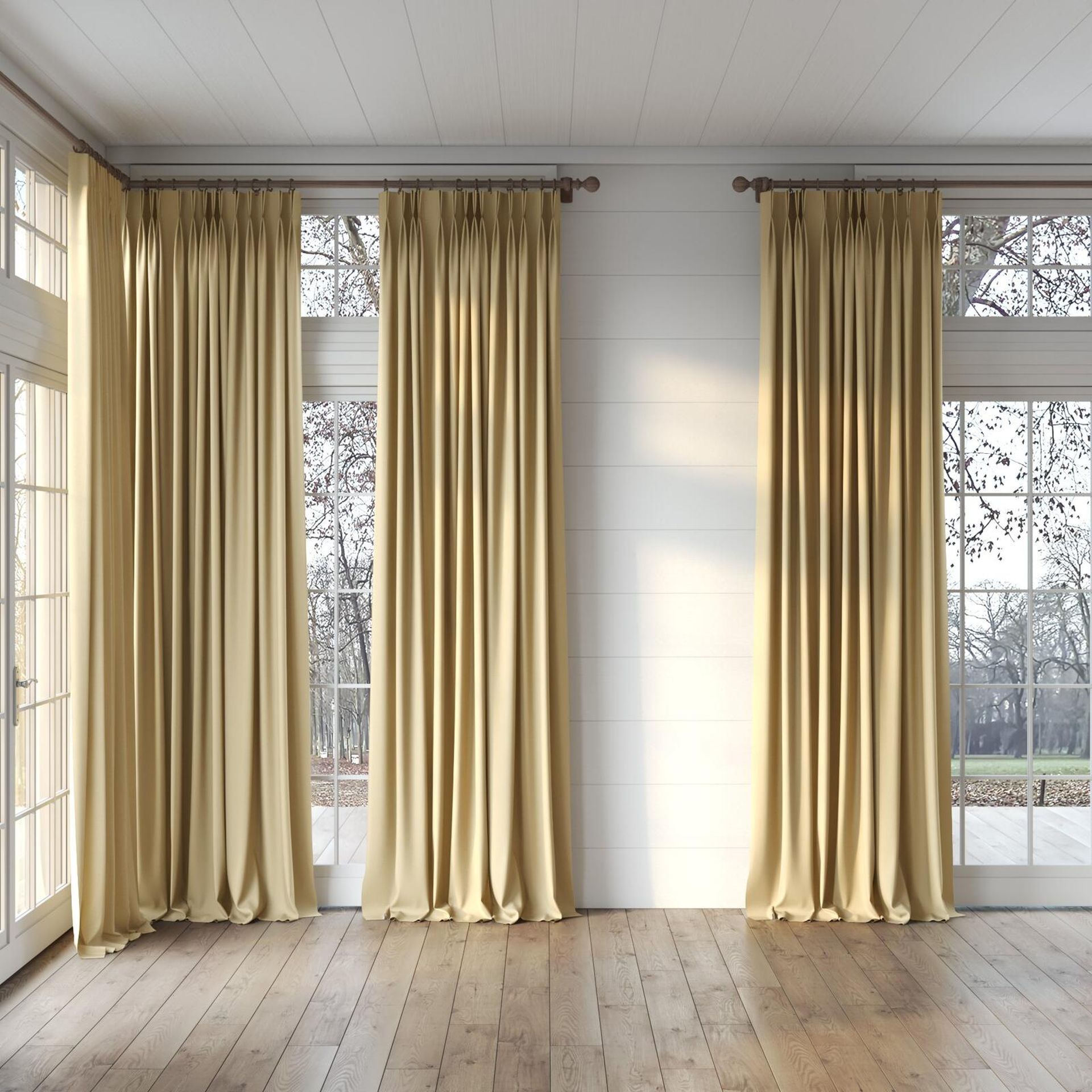 Full view of Coverlet Wheat, puddled, on curtain rod