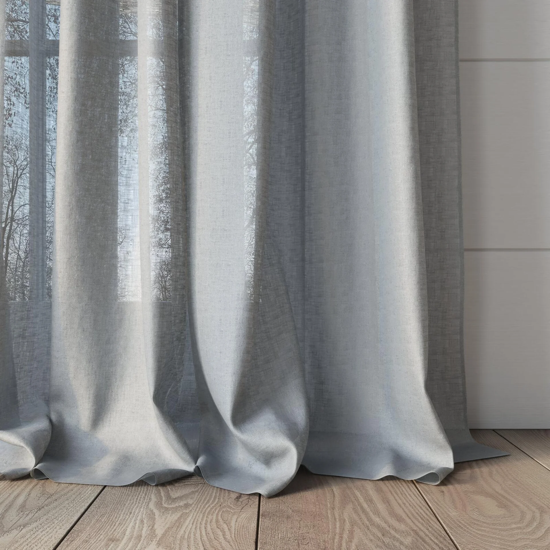 Bottom view of Kanso Stonewash Stone, puddled, on curtain rod