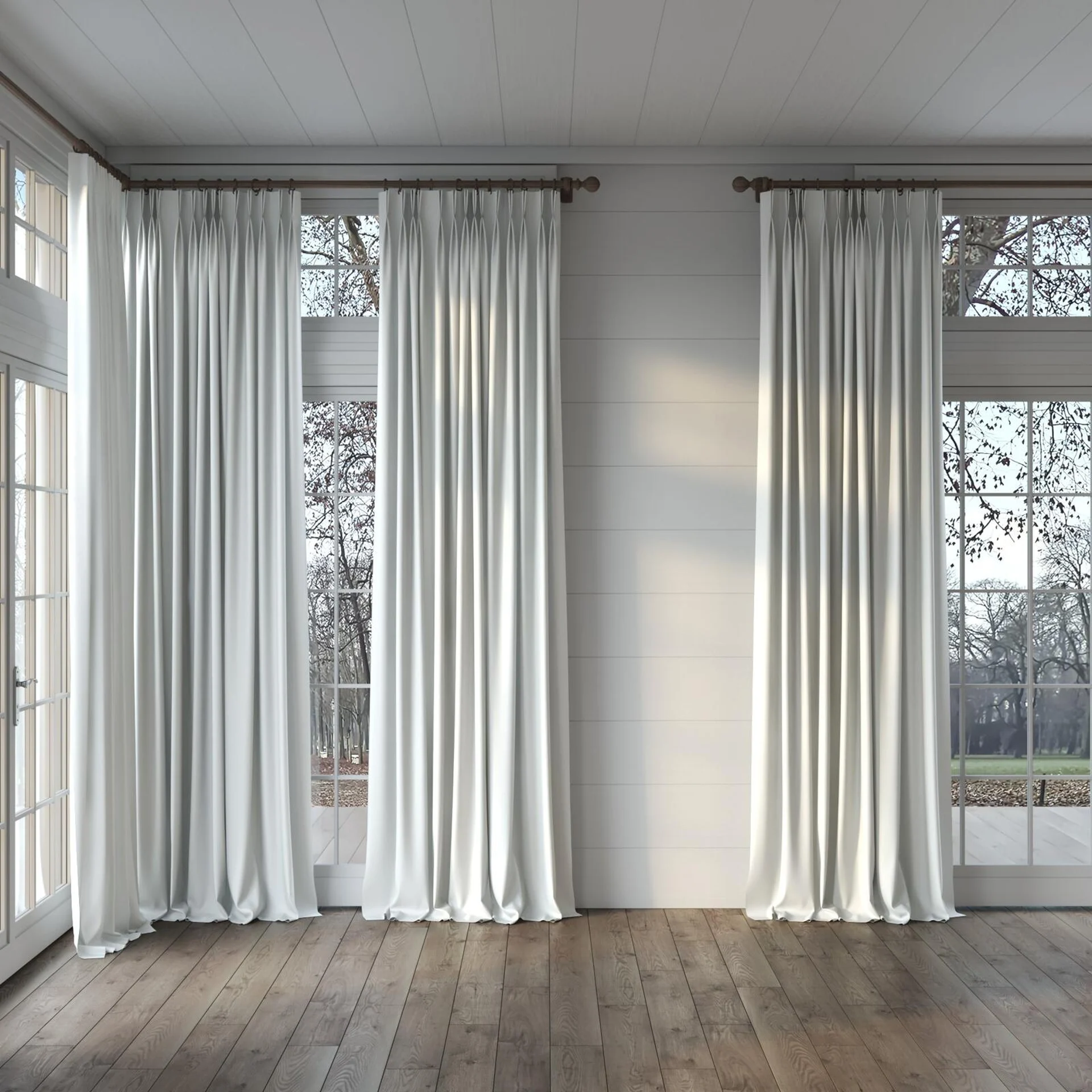 Full view of Kidglove Ivory, puddled, on curtain rod