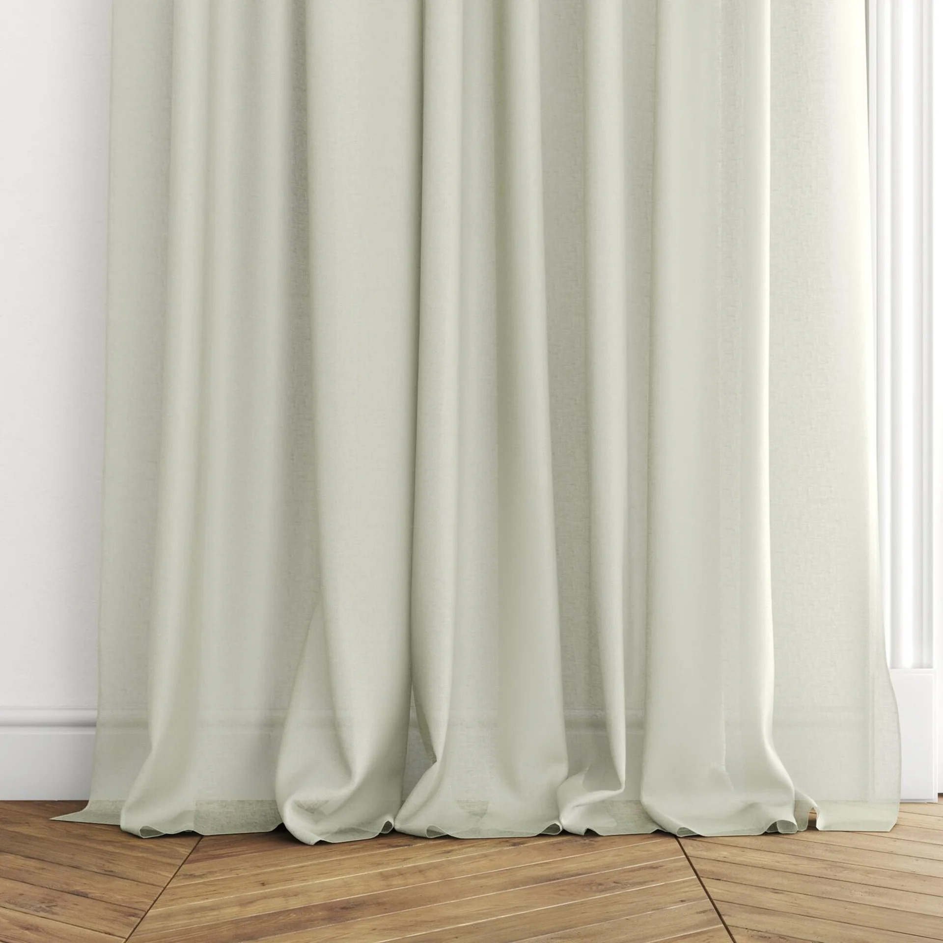 Bottom view of Kanso Stonewash Eucalyptus, puddled with pinch pleat, on curtain rod
