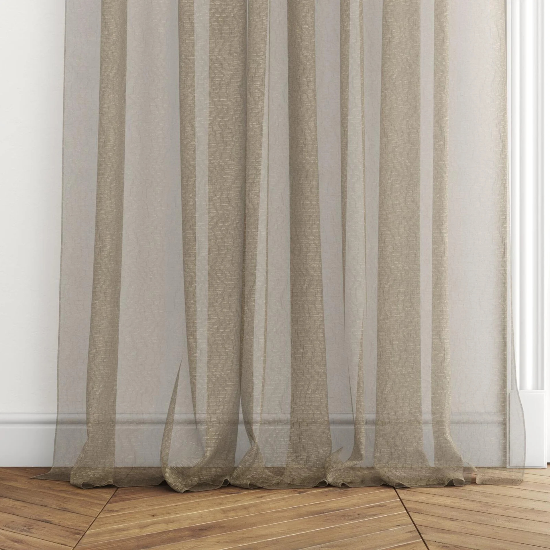 Bottom view of Jasmone Bronze, puddled with pinch pleat, on curtain rod