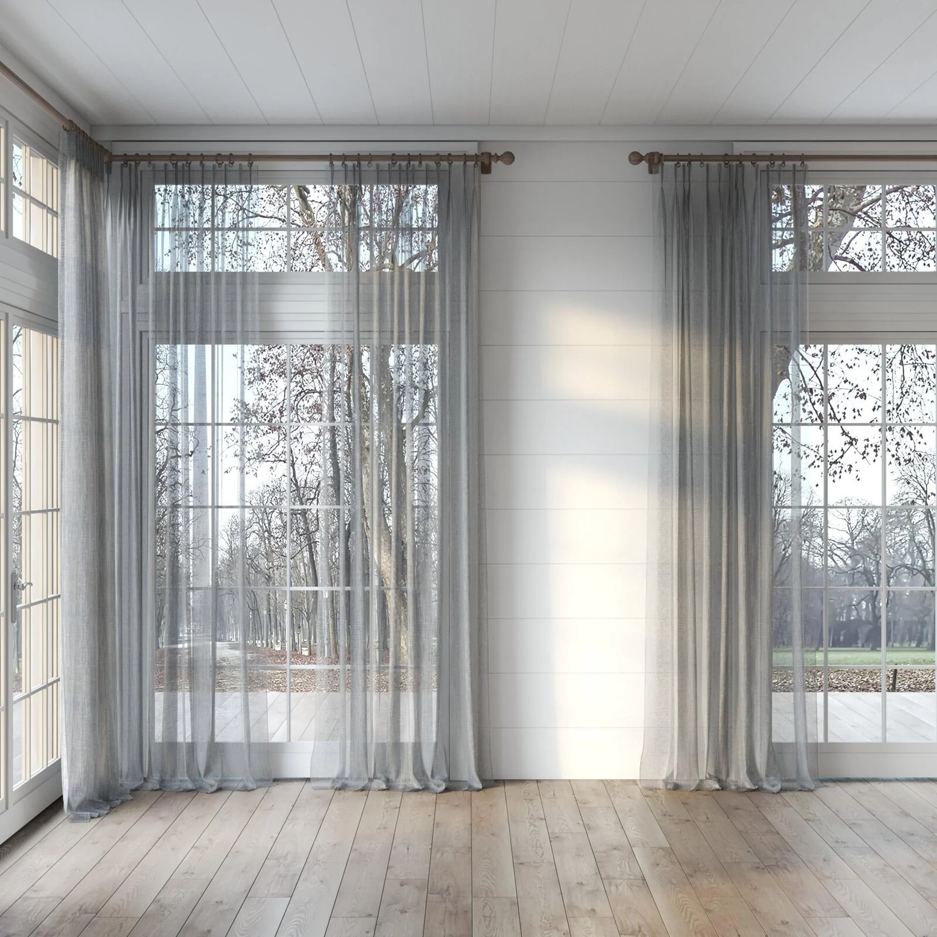 Full view of Radiant Aluminium, puddled, on curtain rod