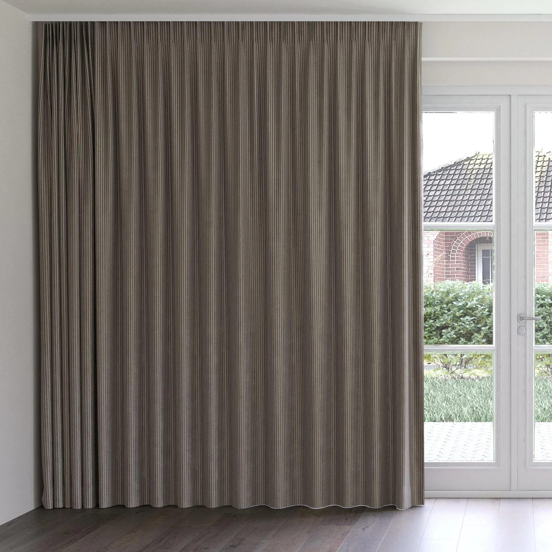 Front view of Embrace Truffle, on curtain rail