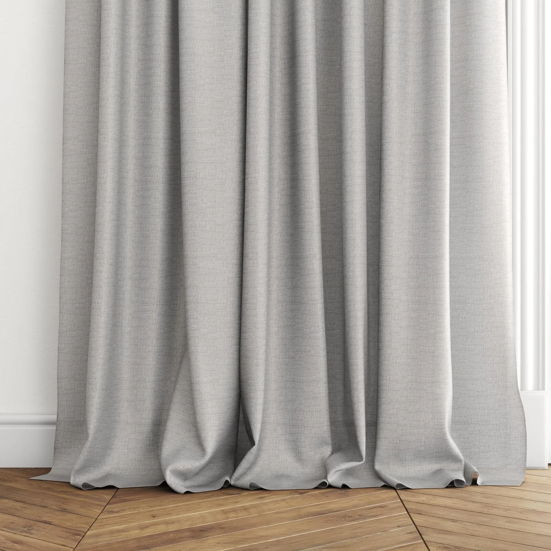 Bottom view of Twister Slate, puddled with pinch pleat, on curtain rod