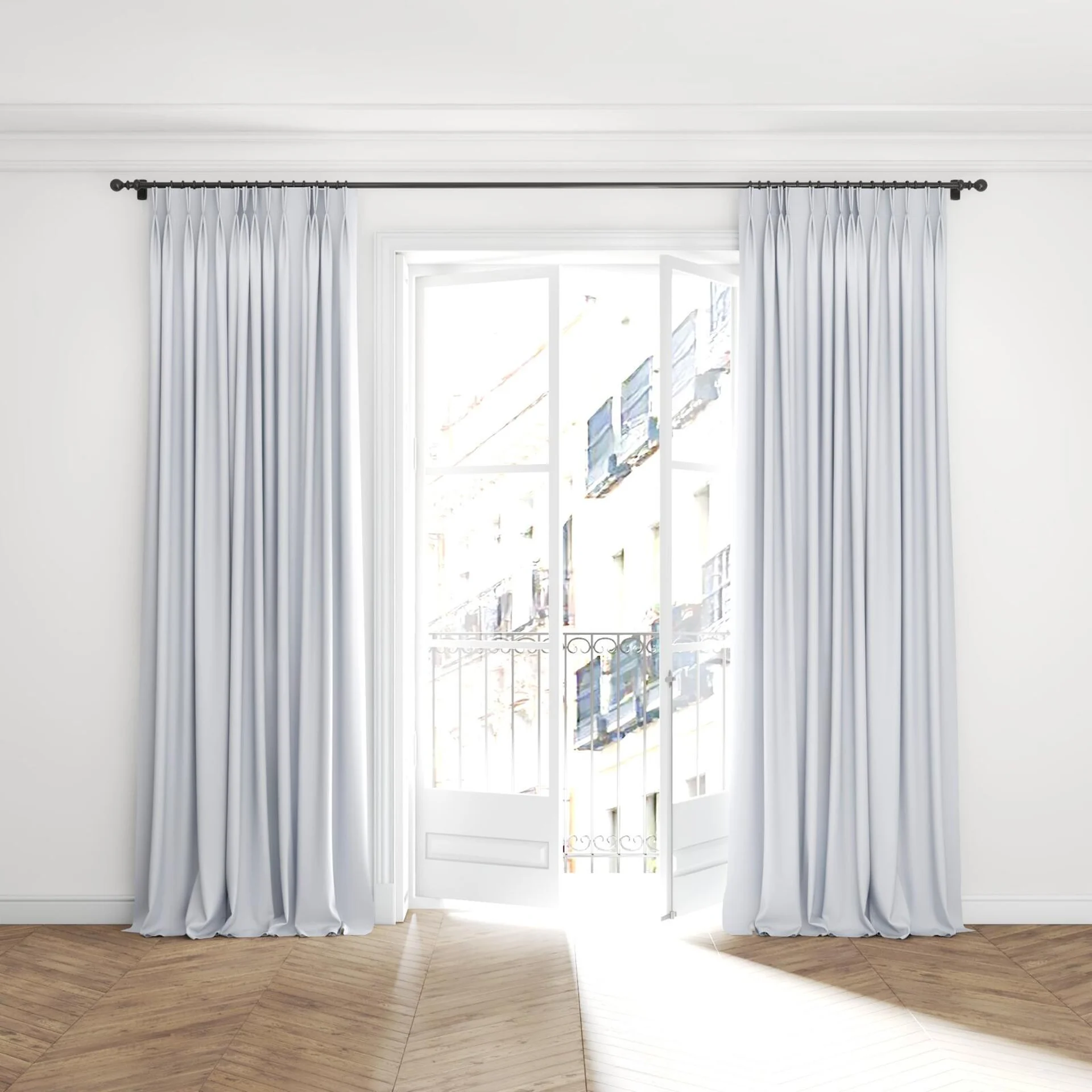 Full view of Ultra Dim Optic, puddled with pinch pleat, on curtain rod