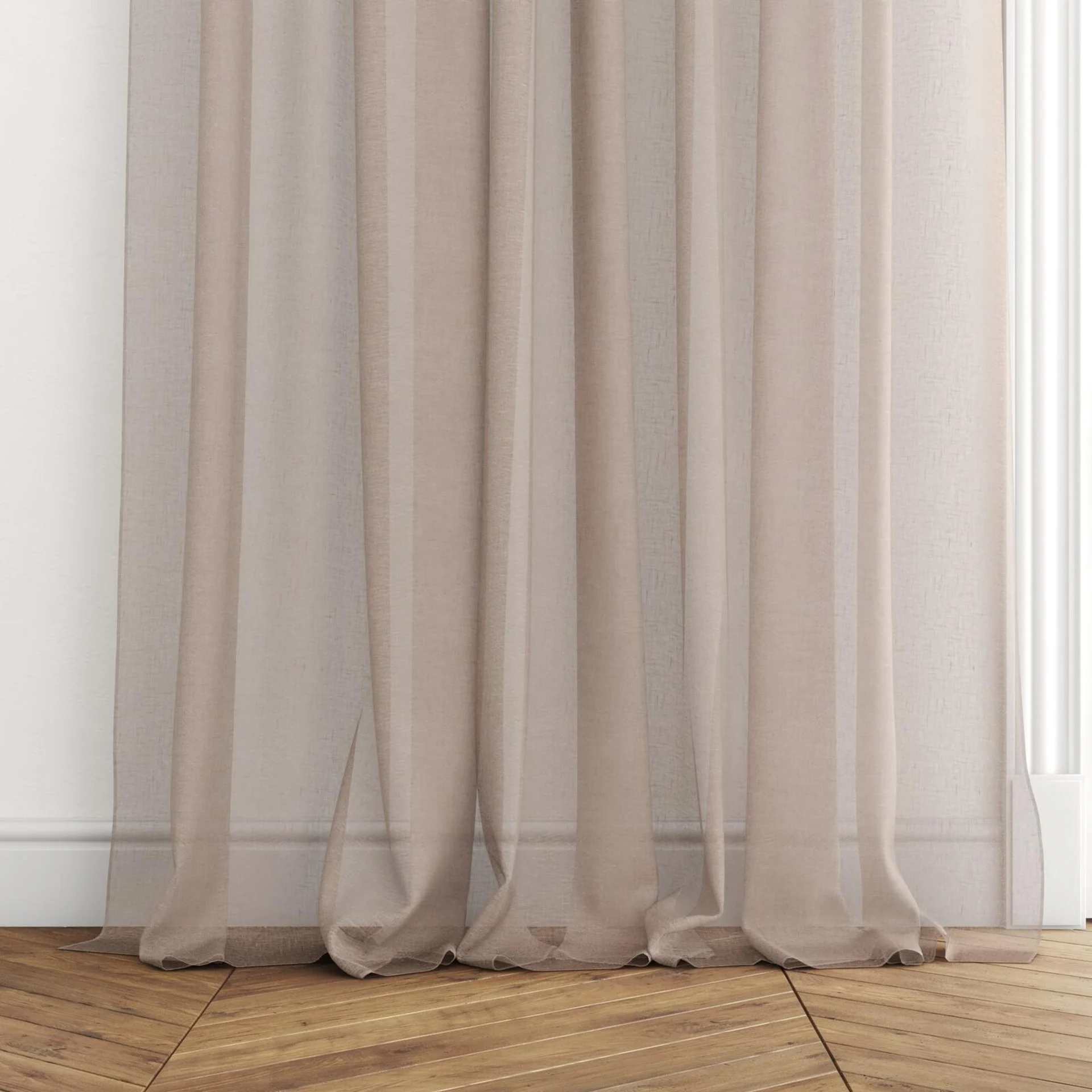 Bottom view of Pure Linen Cameo, puddled with pinch pleat, on curtain rod