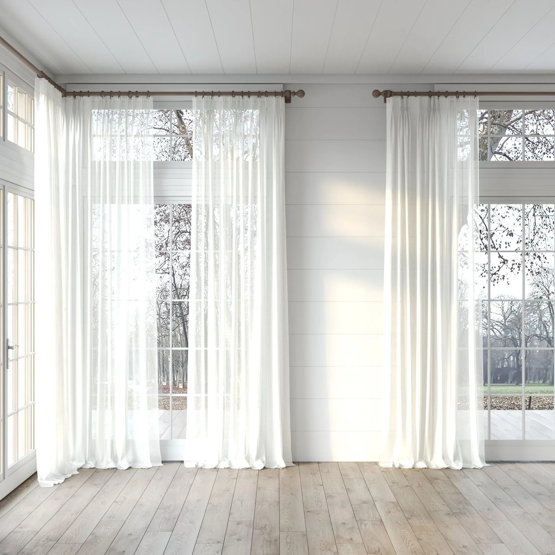 Full view of Alcova Cream, puddled, on curtain rod