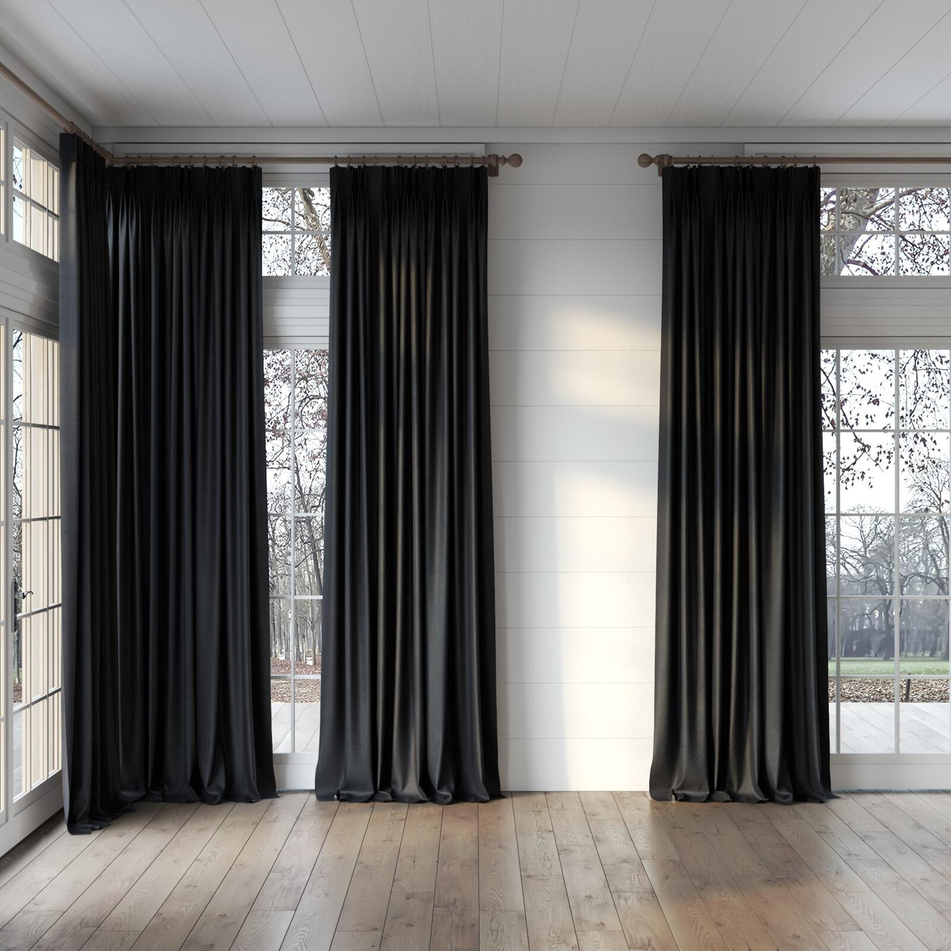 Full view of Hug Onyx, puddled, on curtain rod