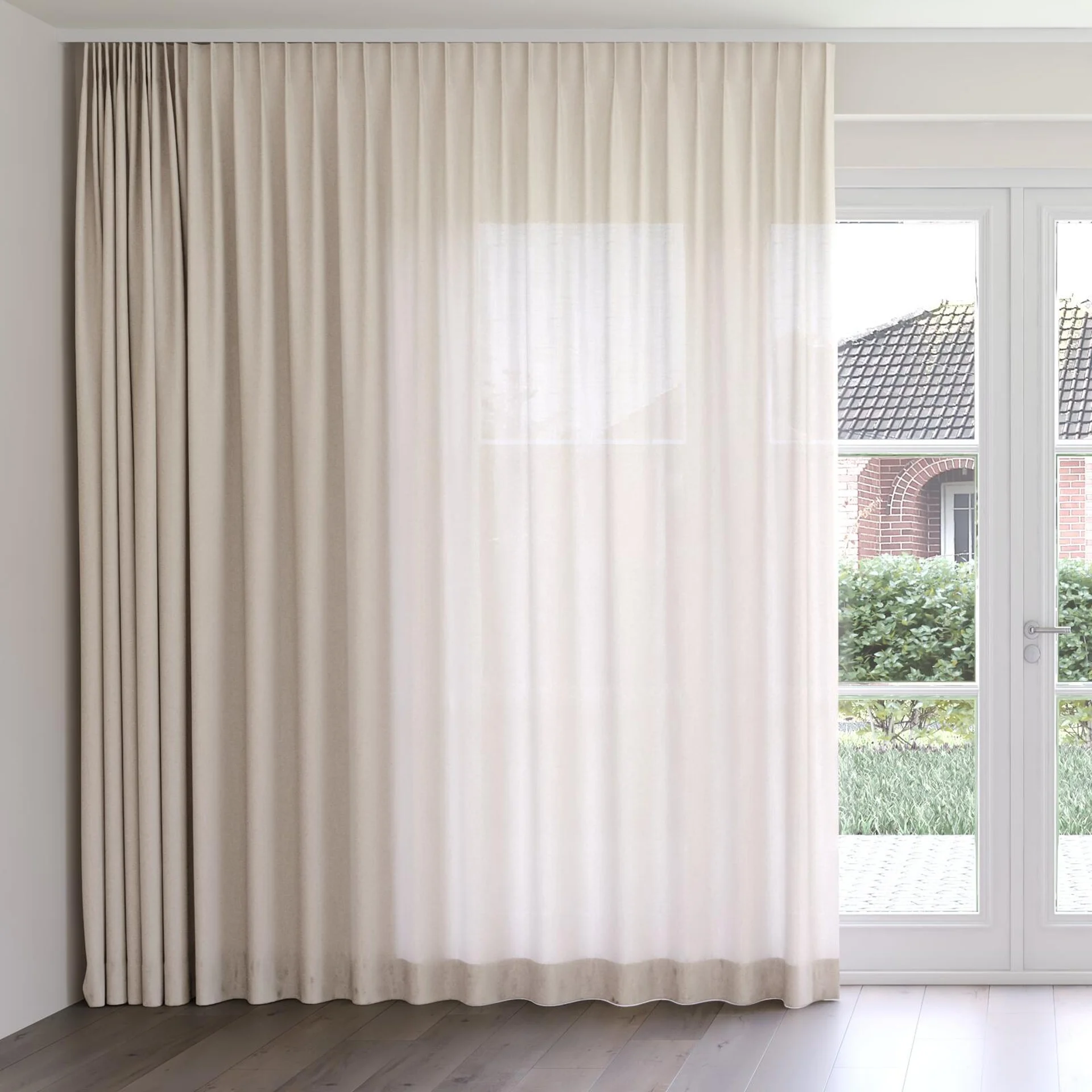 Front view of Envoy 2 Almond 320cm, on curtain rail