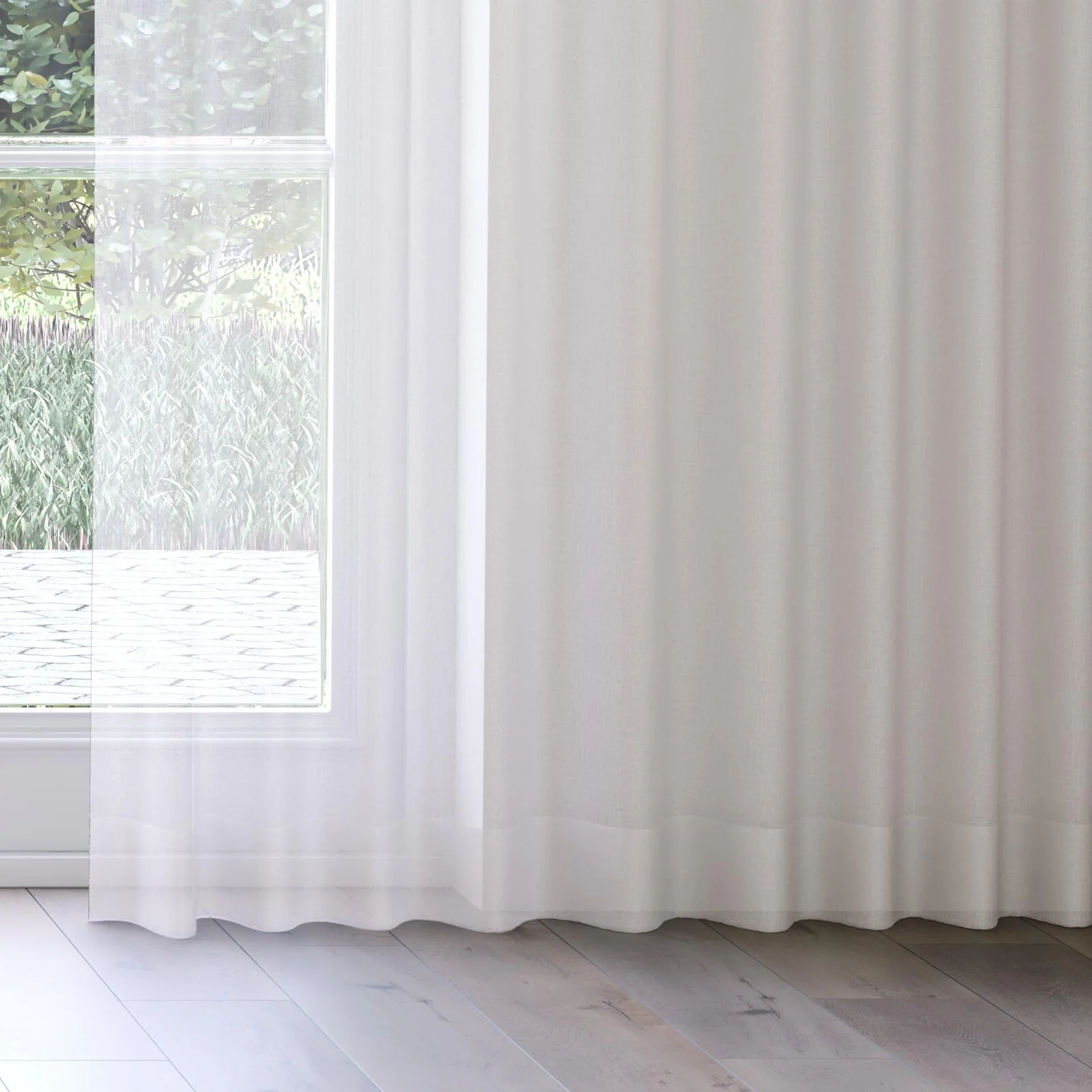 Bottom view of Cavalier Mist, on curtain rail