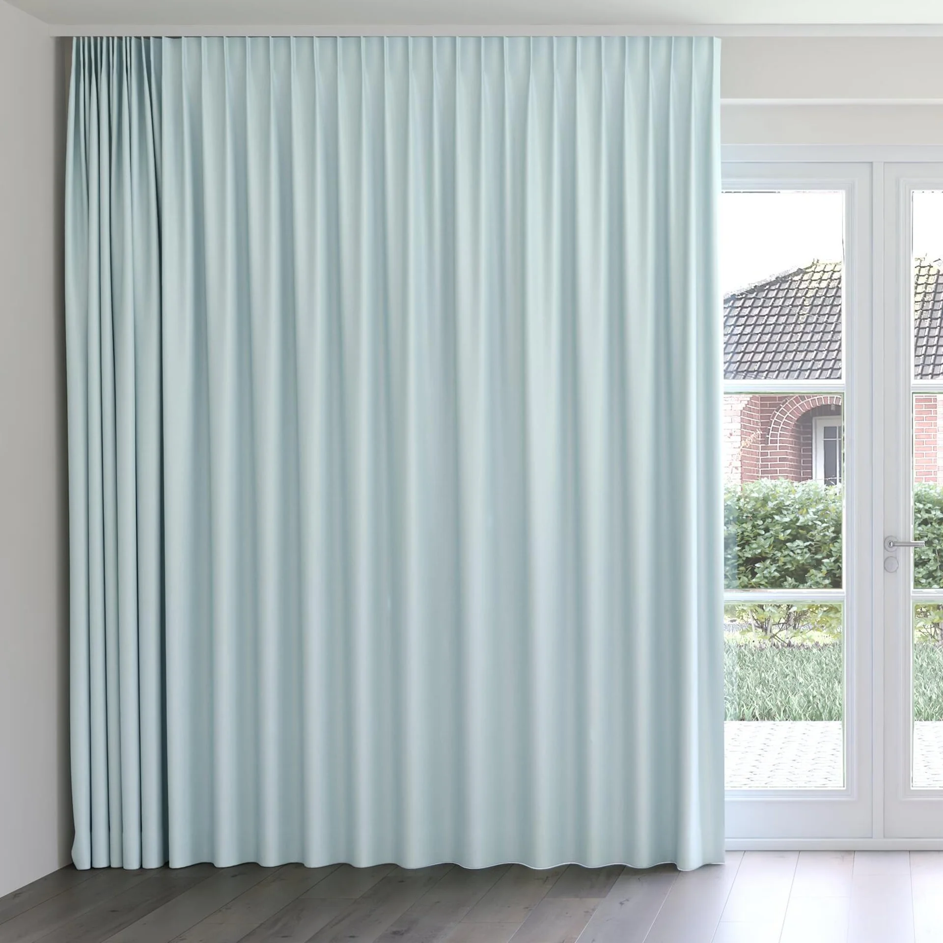 Front view of Re-Vive Aqua, on curtain rail