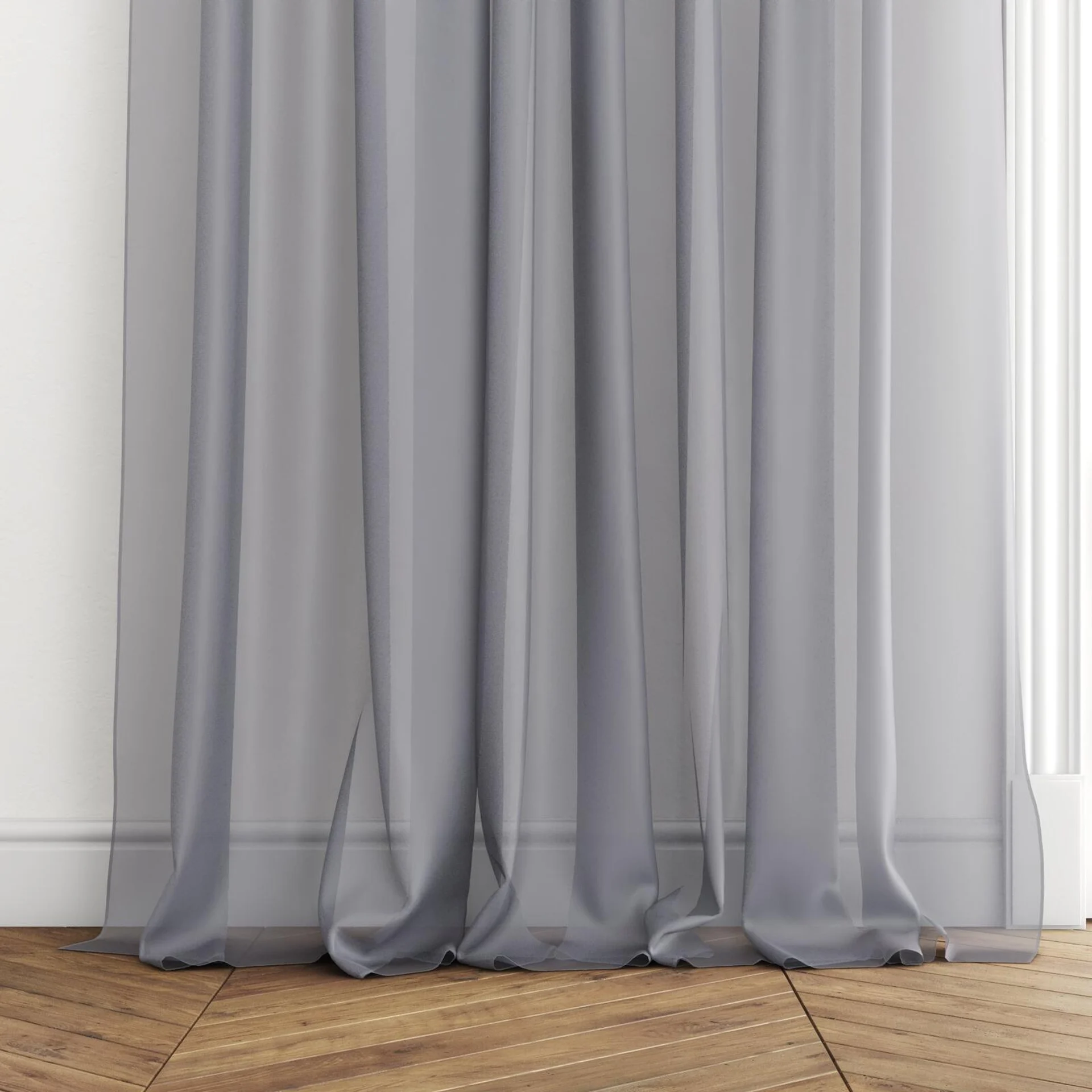 Bottom view of Xo Storm, puddled with pinch pleat, on curtain rod