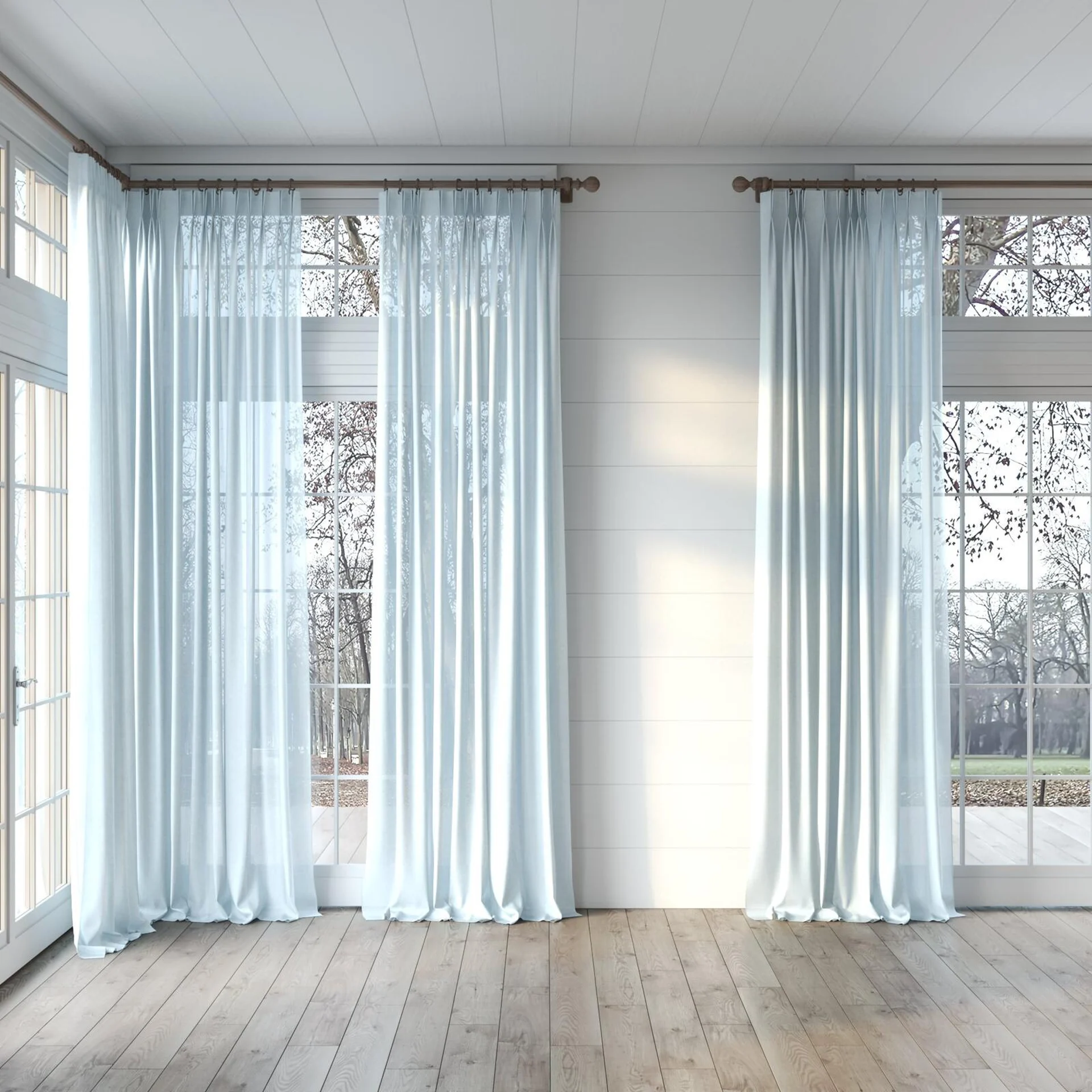 Full view of Flo II Frost, puddled, on curtain rod