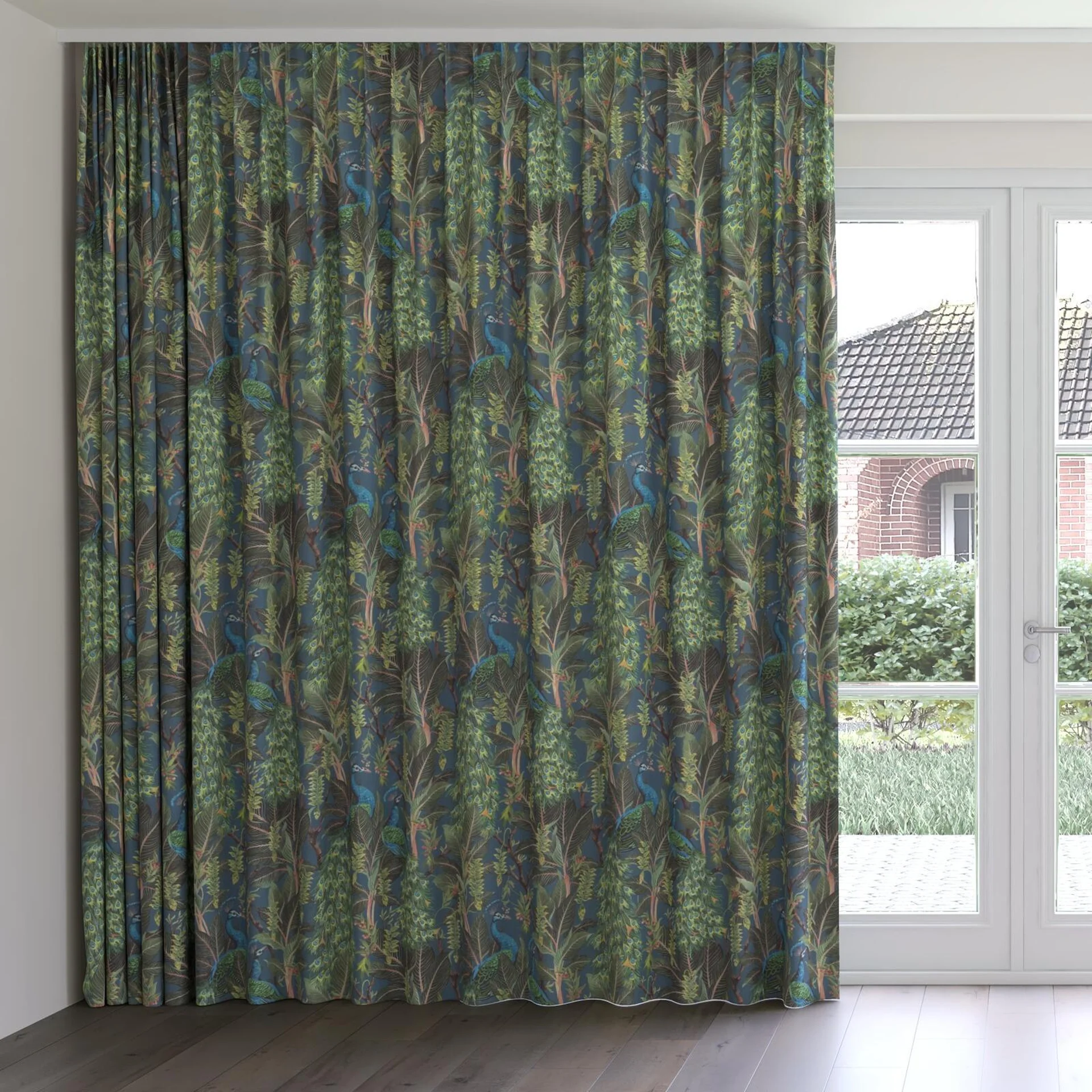 Front view of Royal Peacock Midnight, on curtain rail