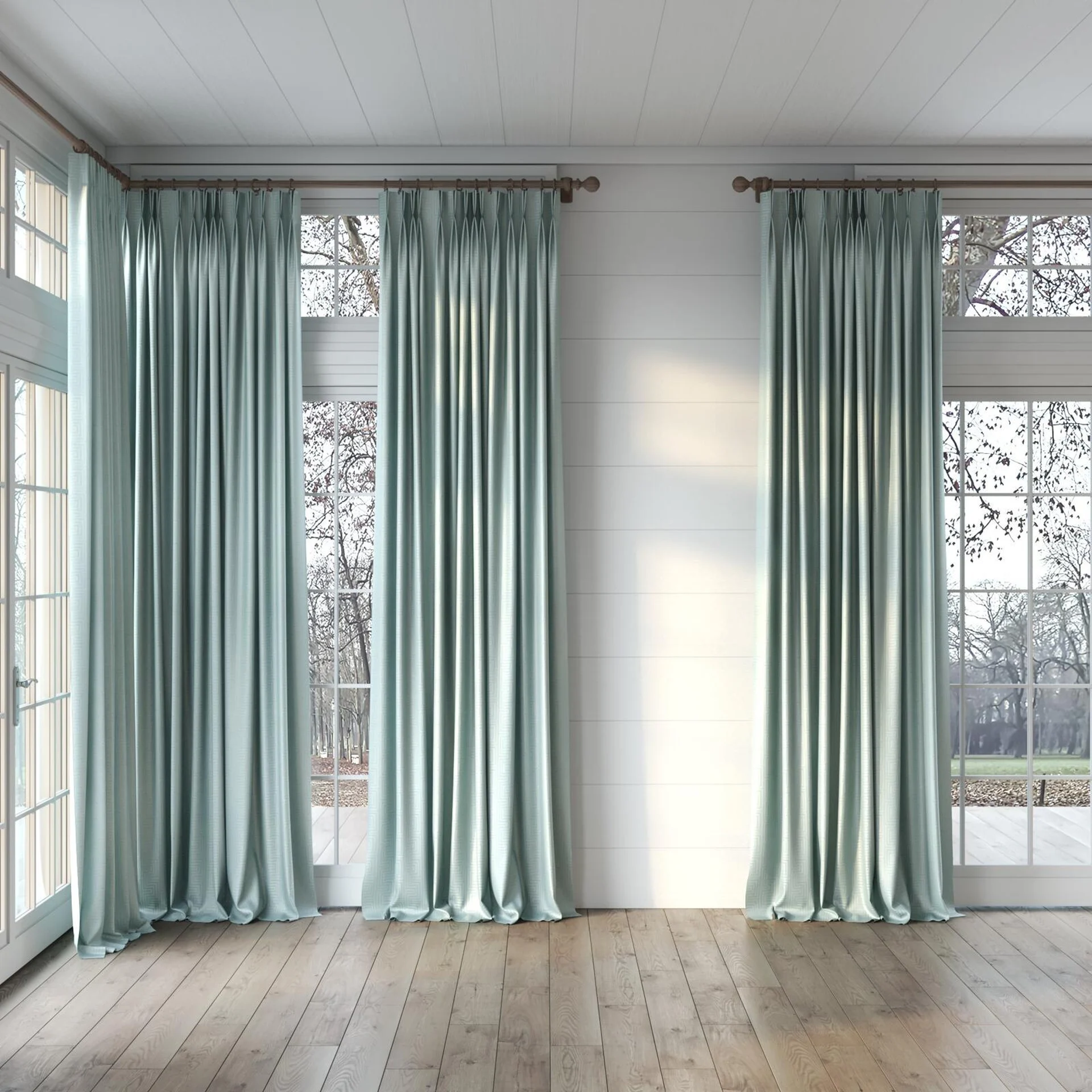 Full view of Remain Aqua, puddled, on curtain rod