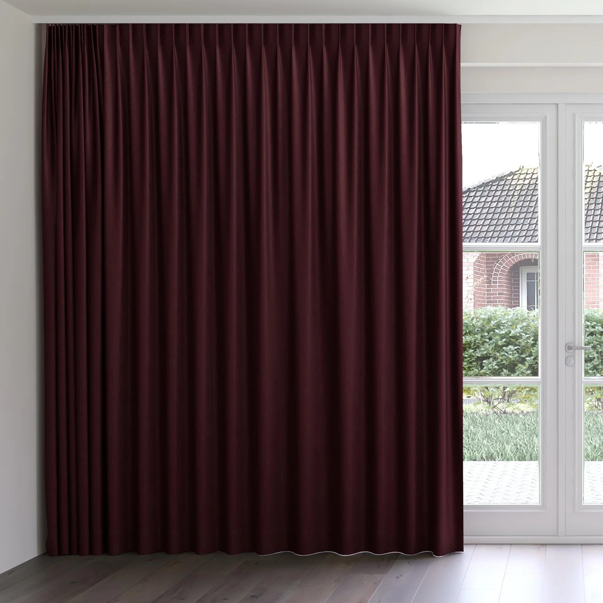 Front view of Recharge Burgundy, on curtain rail