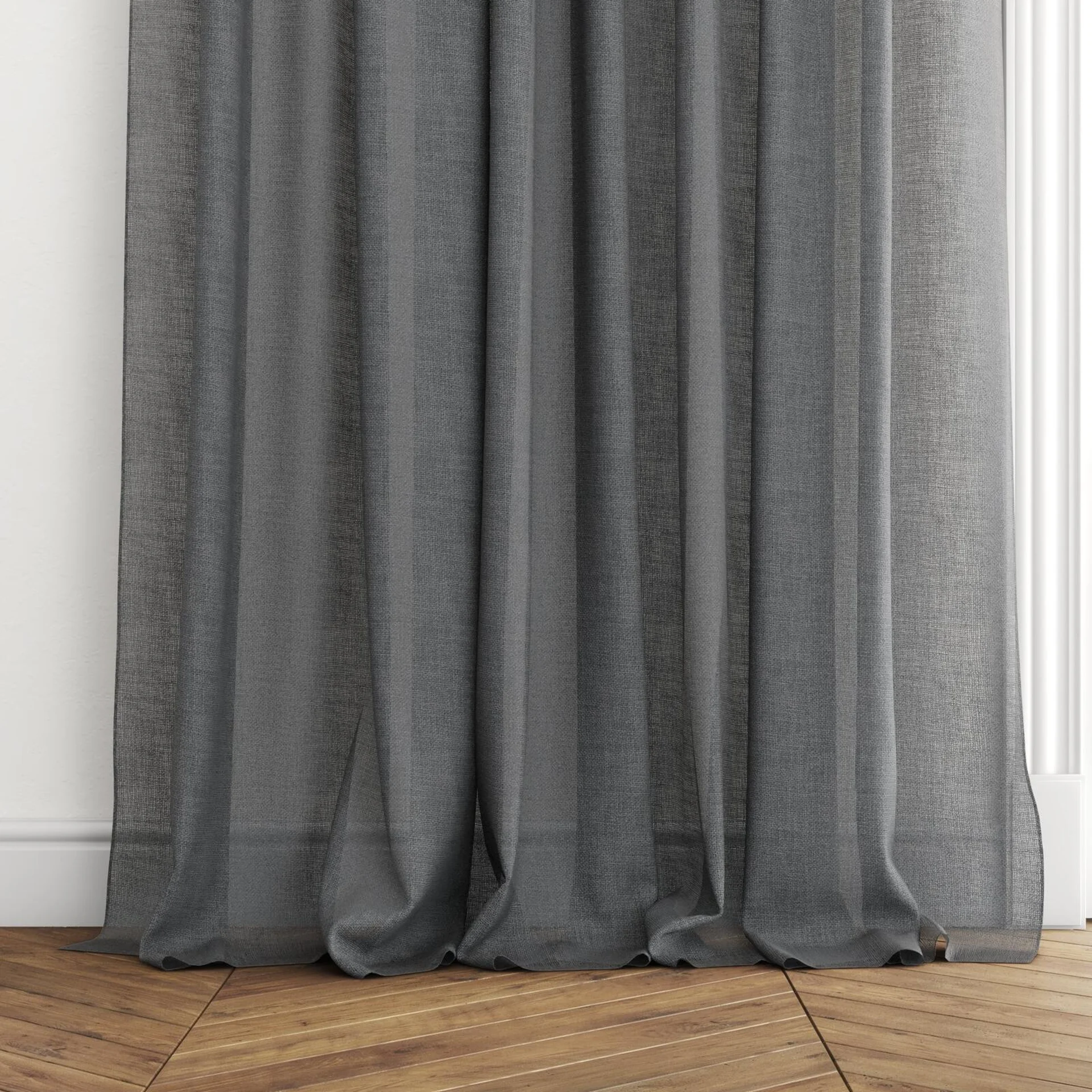 Bottom view of Statement Charcoal, puddled with pinch pleat, on curtain rod