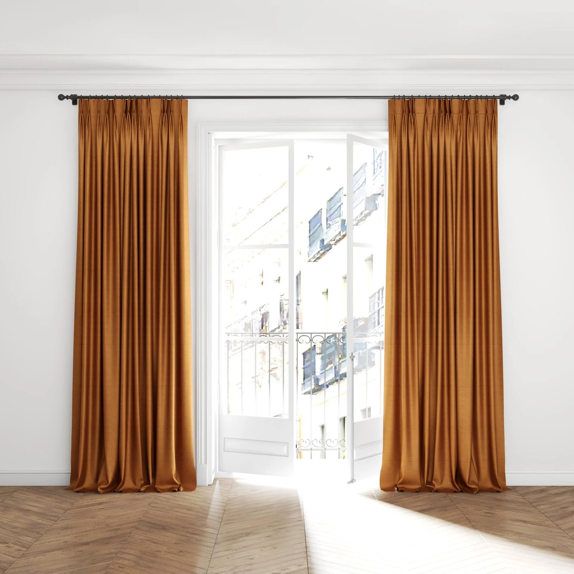 Full view of Zircon Terra, puddled with pinch pleat, on curtain rod