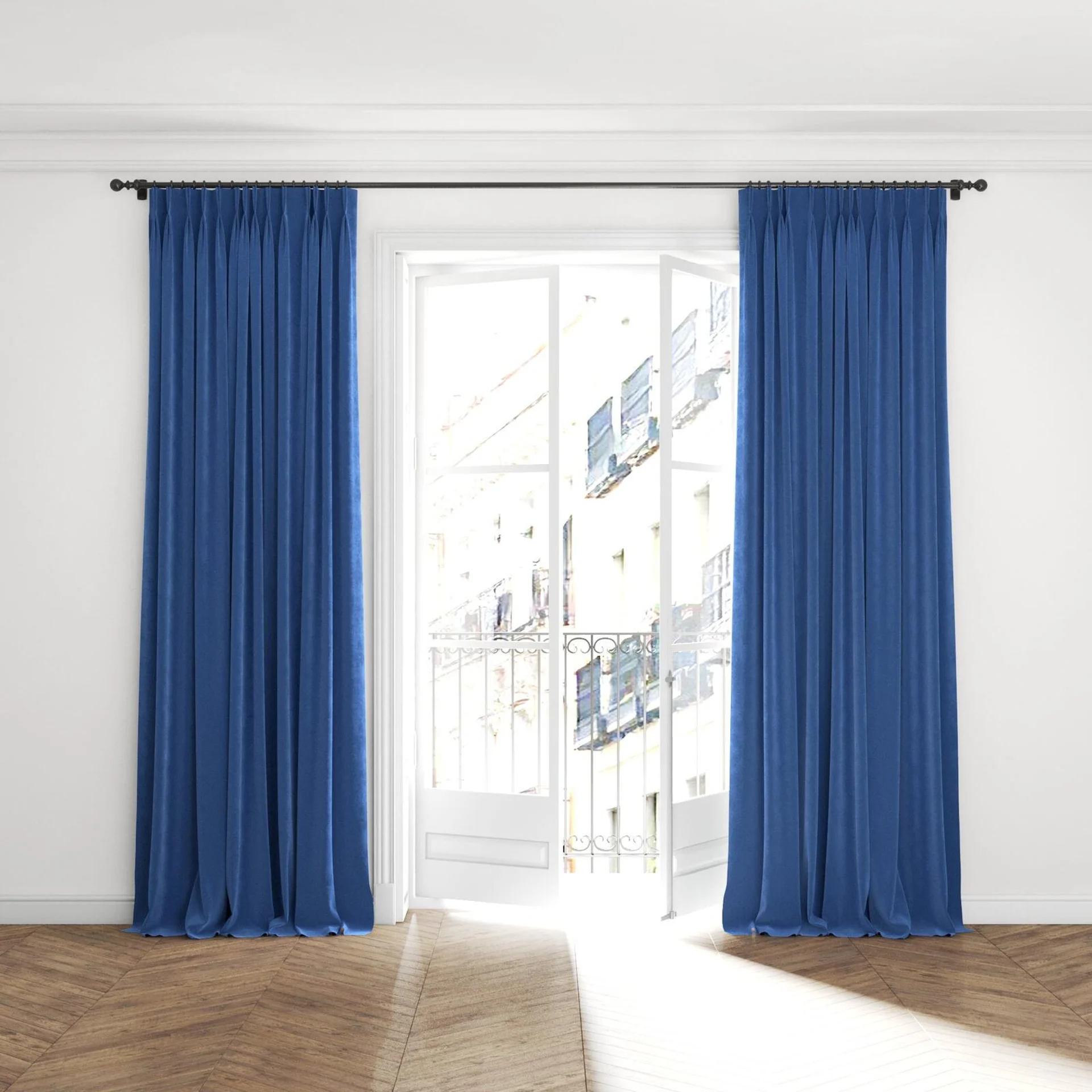Full view of Lux Velvet Blue 8807, puddled with pinch pleat, on curtain rod