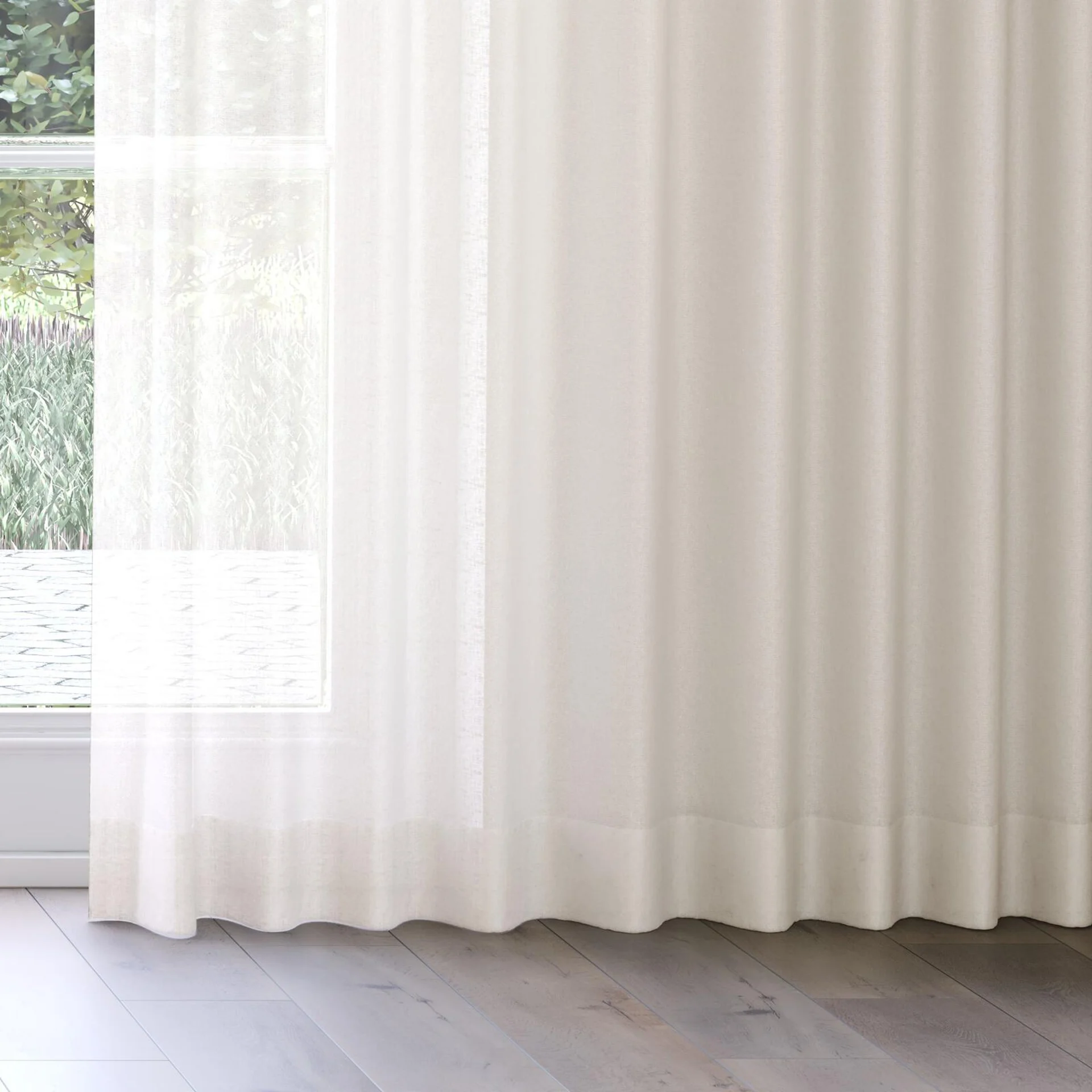 Bottom view of Kanso Stonewash Linen, on curtain rail