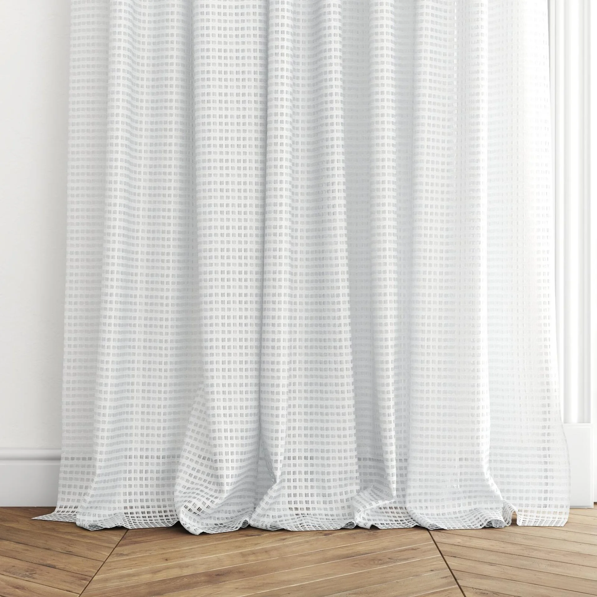Bottom view of Bryce Swan, puddled with pinch pleat, on curtain rod