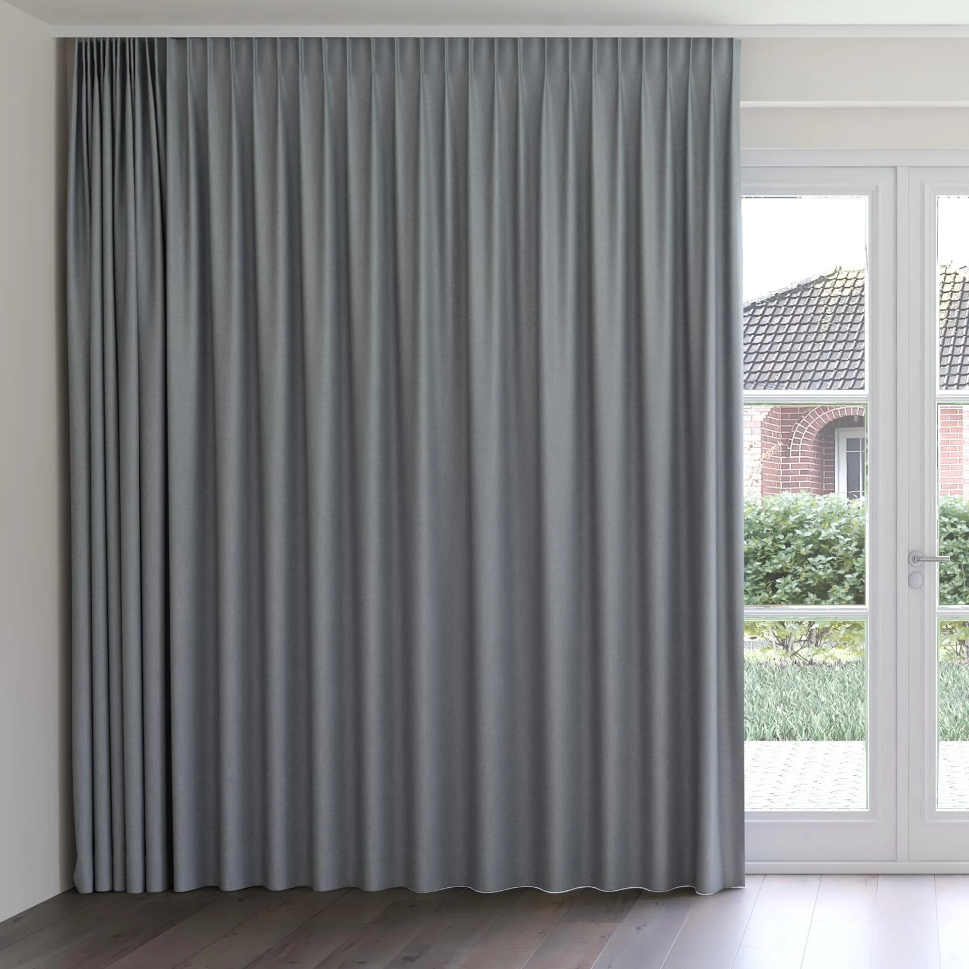 Front view of Stonewall Blackout Slate, on curtain rail