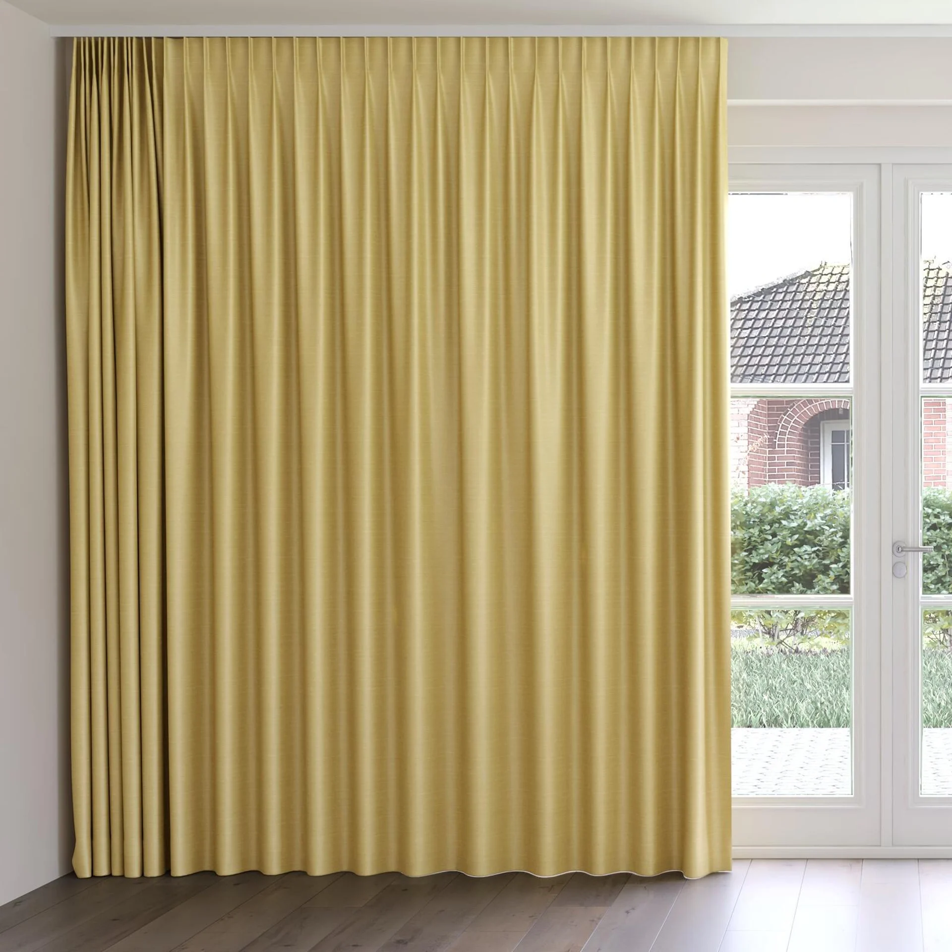 Front view of Silky Pampas, on curtain rail