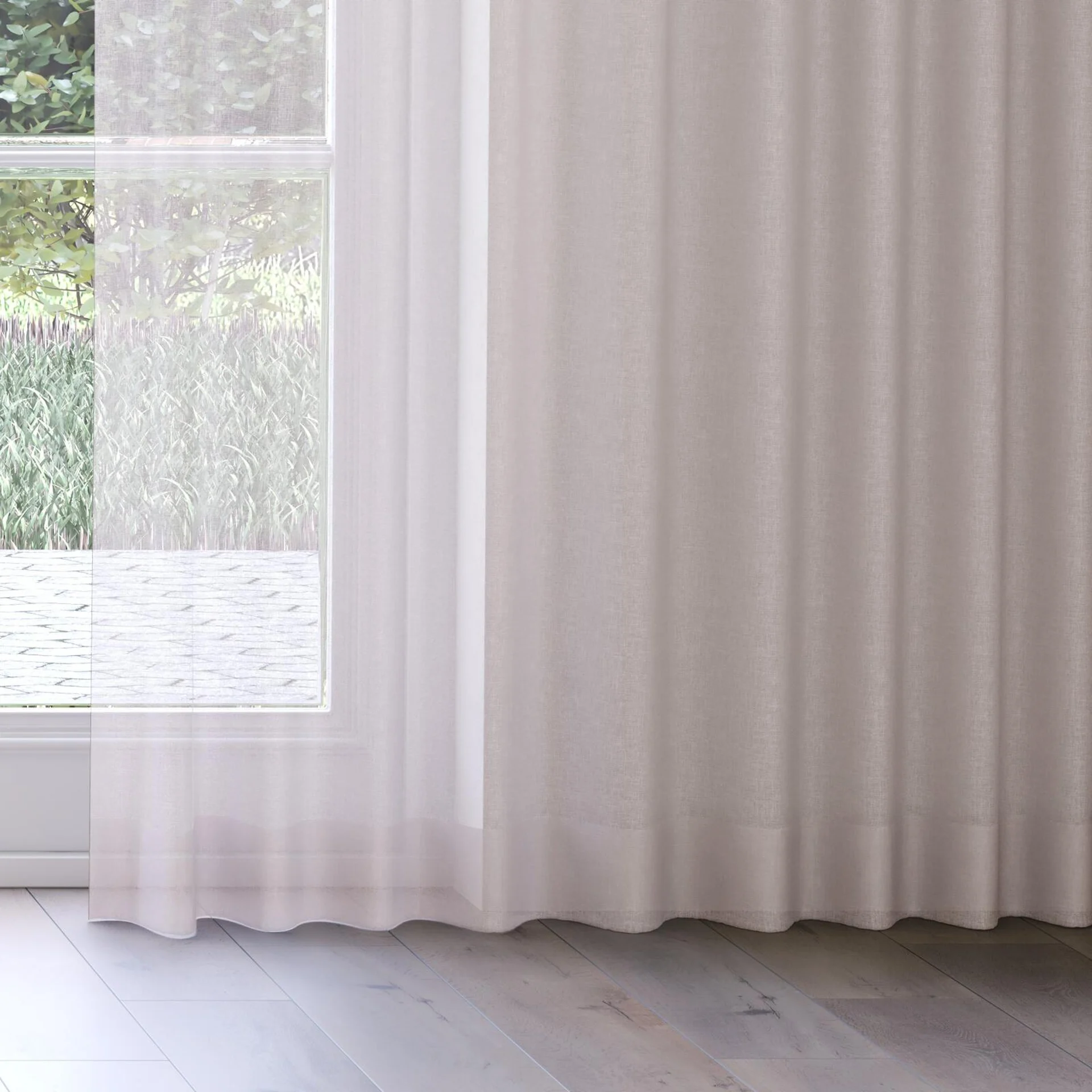 Bottom view of Elevate Flax, on curtain rail