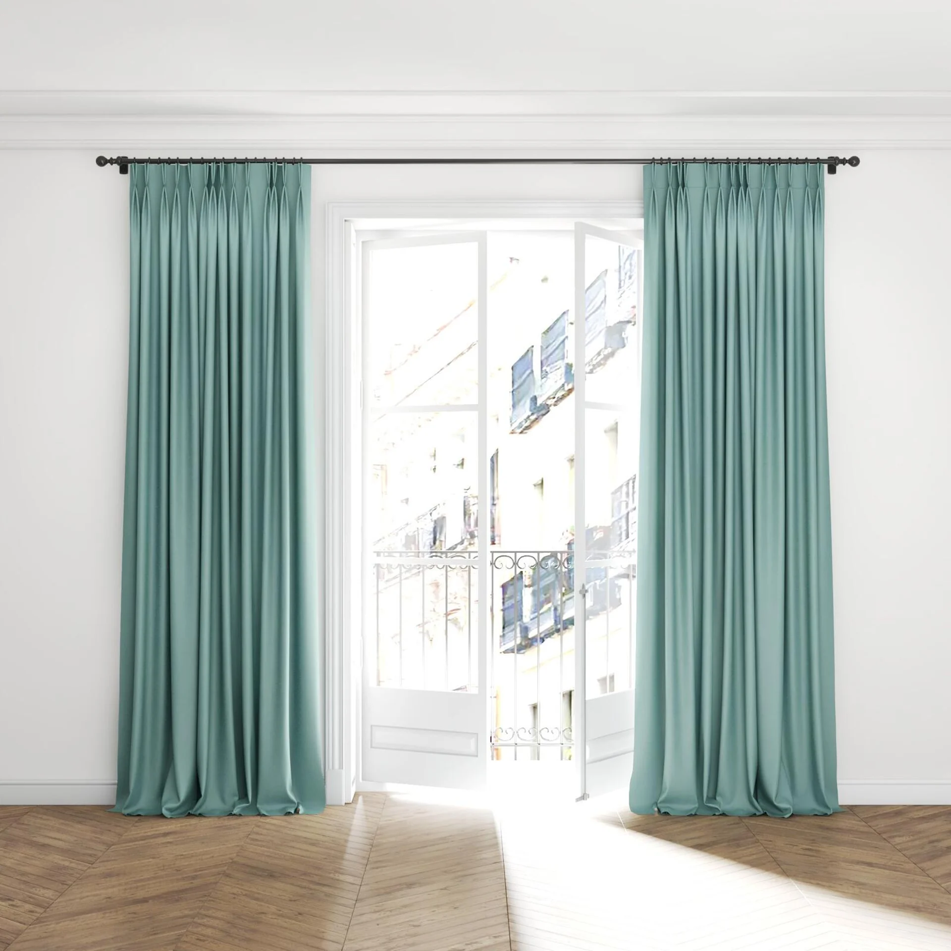 Full view of Kanvas Mineral, puddled with pinch pleat, on curtain rod