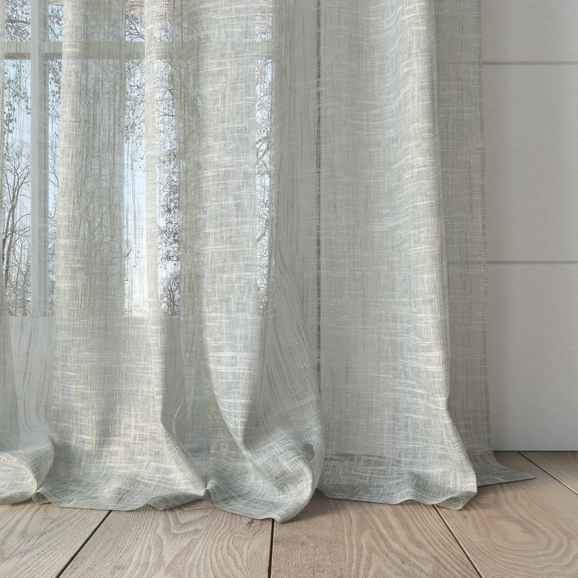 Bottom view of Beech Celadon, puddled, on curtain rod