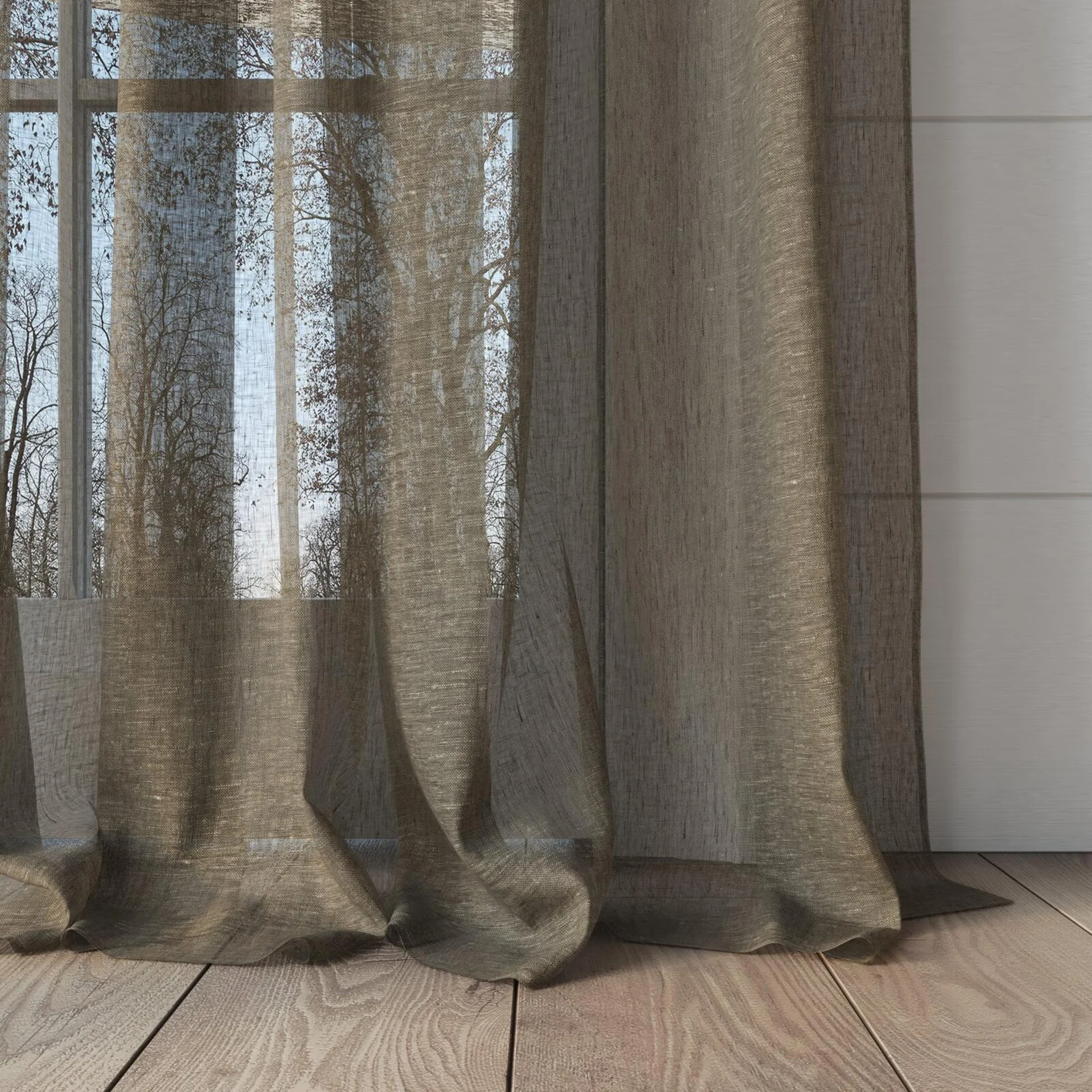 Bottom view of Pure Linen Fossil, puddled, on curtain rod