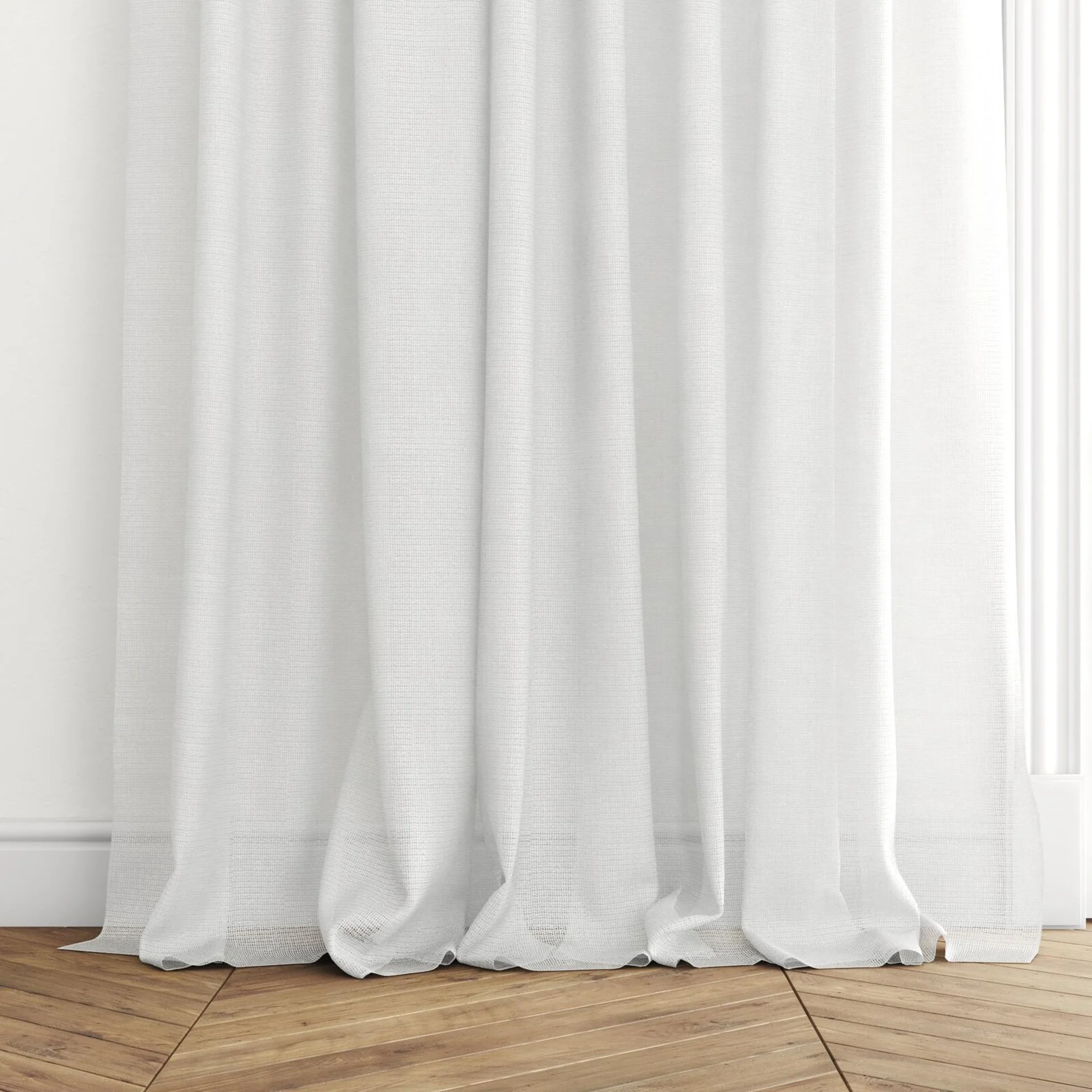Bottom view of Mathilde Snow, puddled with pinch pleat, on curtain rod