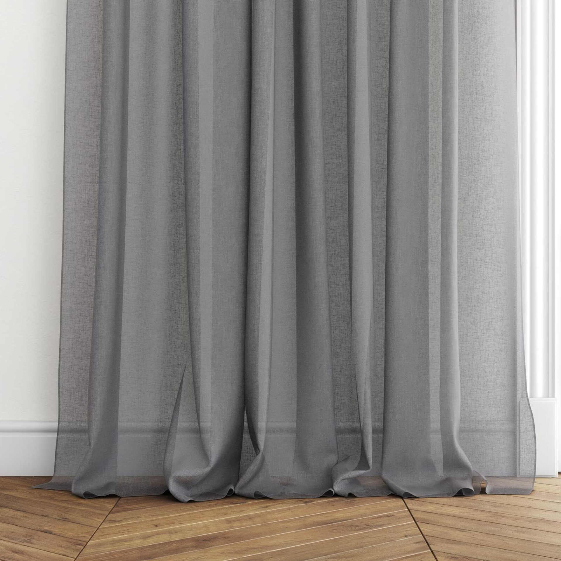 Bottom view of Elevate Mid Grey, puddled with pinch pleat, on curtain rod