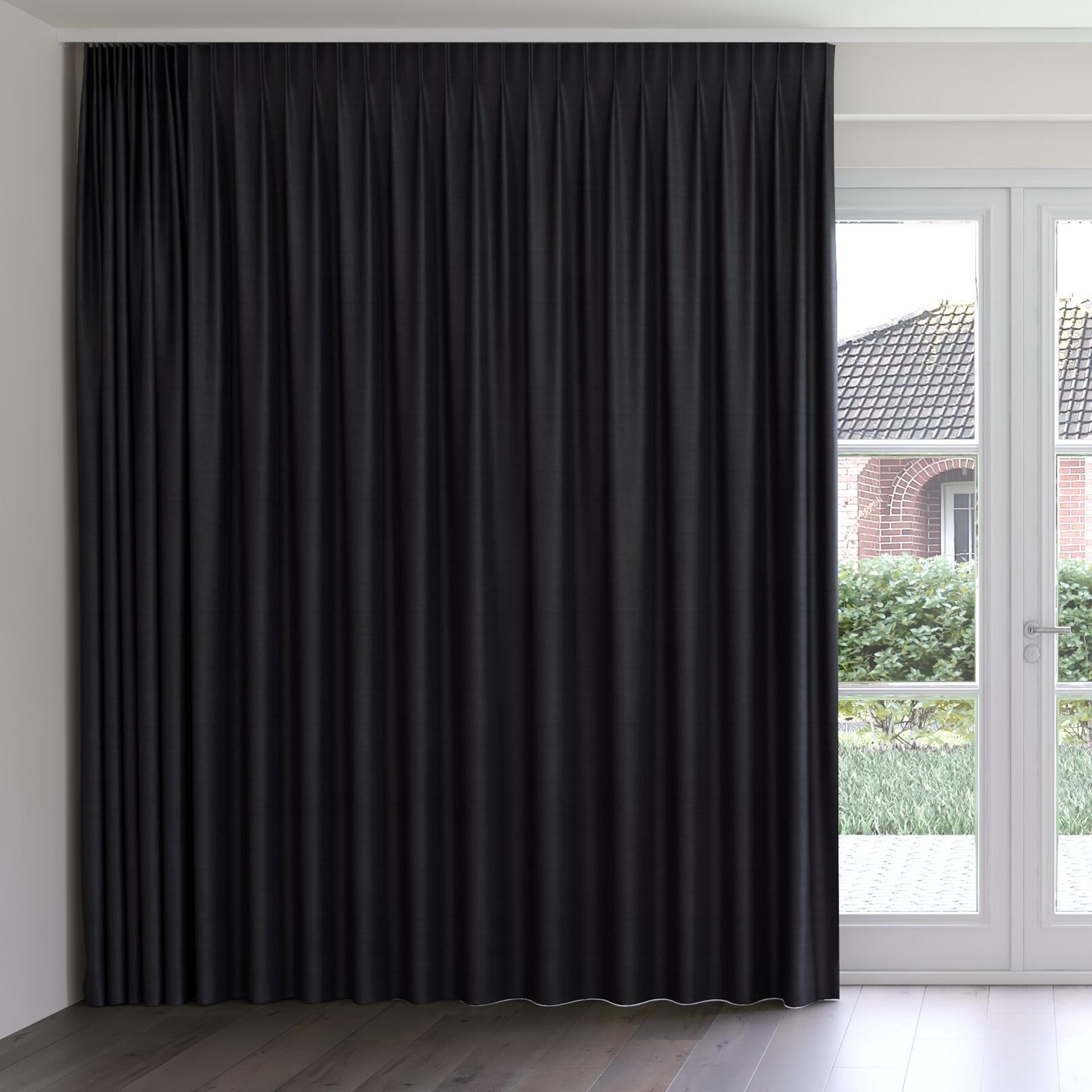 Front view of Zircon Onyx, on curtain rail